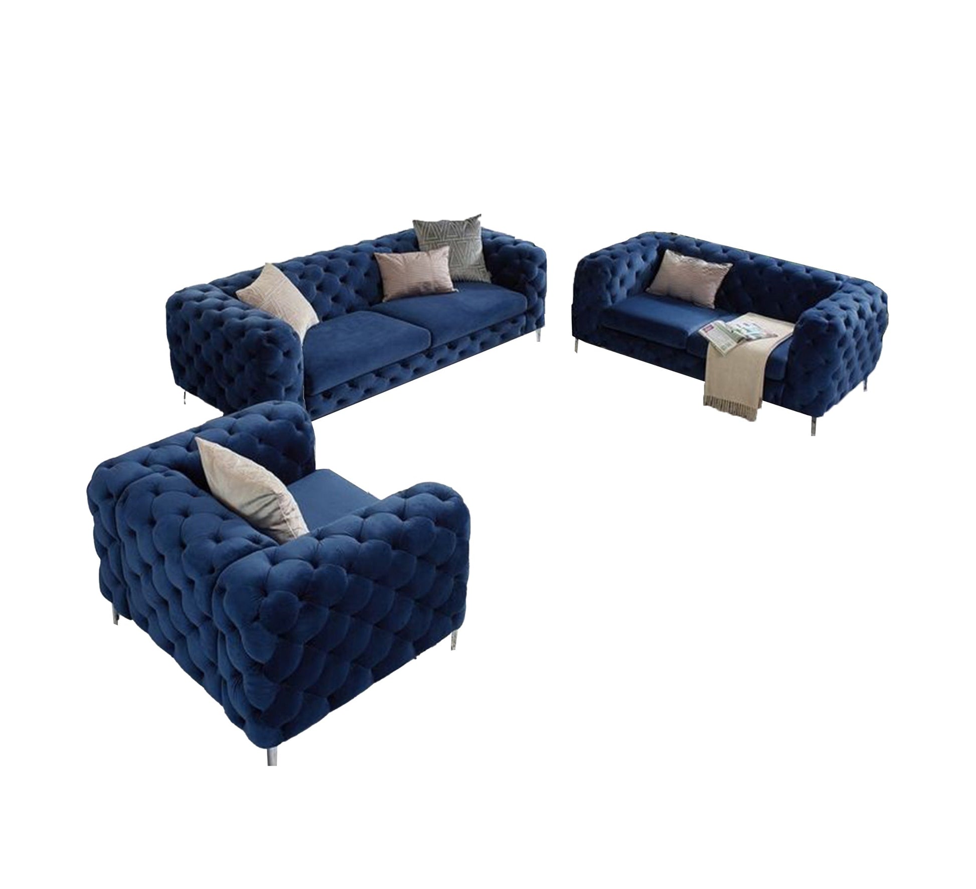 Elegant royal blue velvet living room set - Vitrine Furniture - Furniture