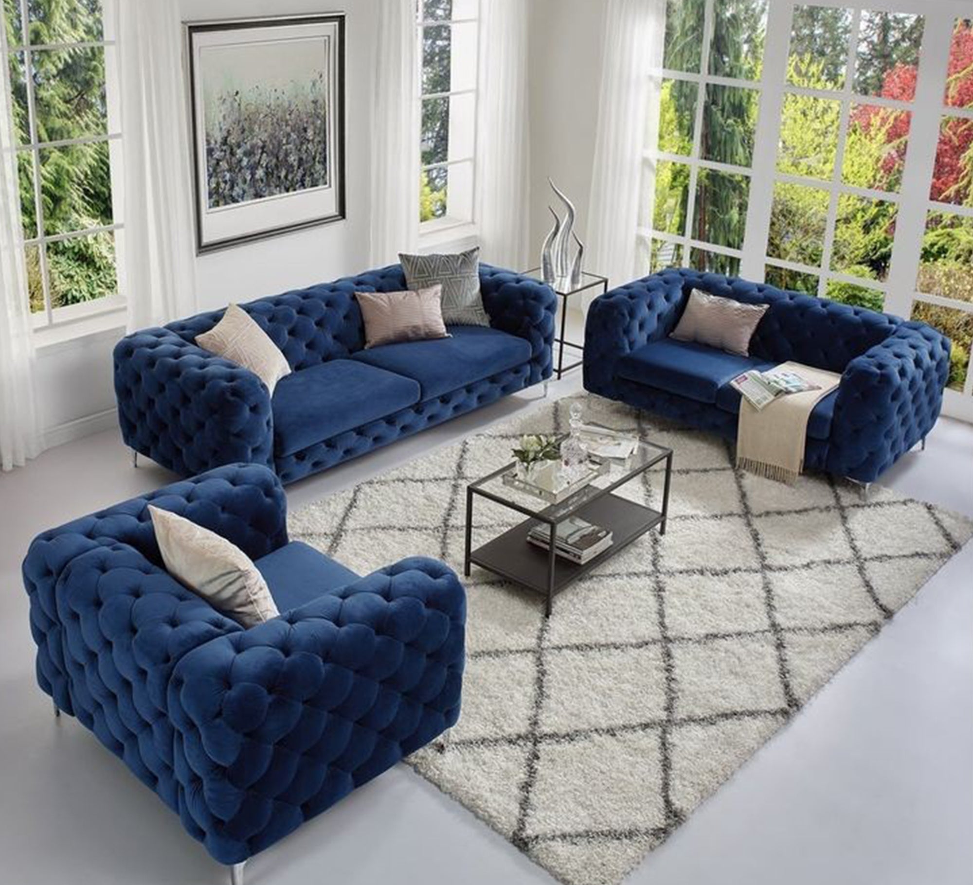 Elegant royal blue velvet living room set - Vitrine Furniture - Furniture