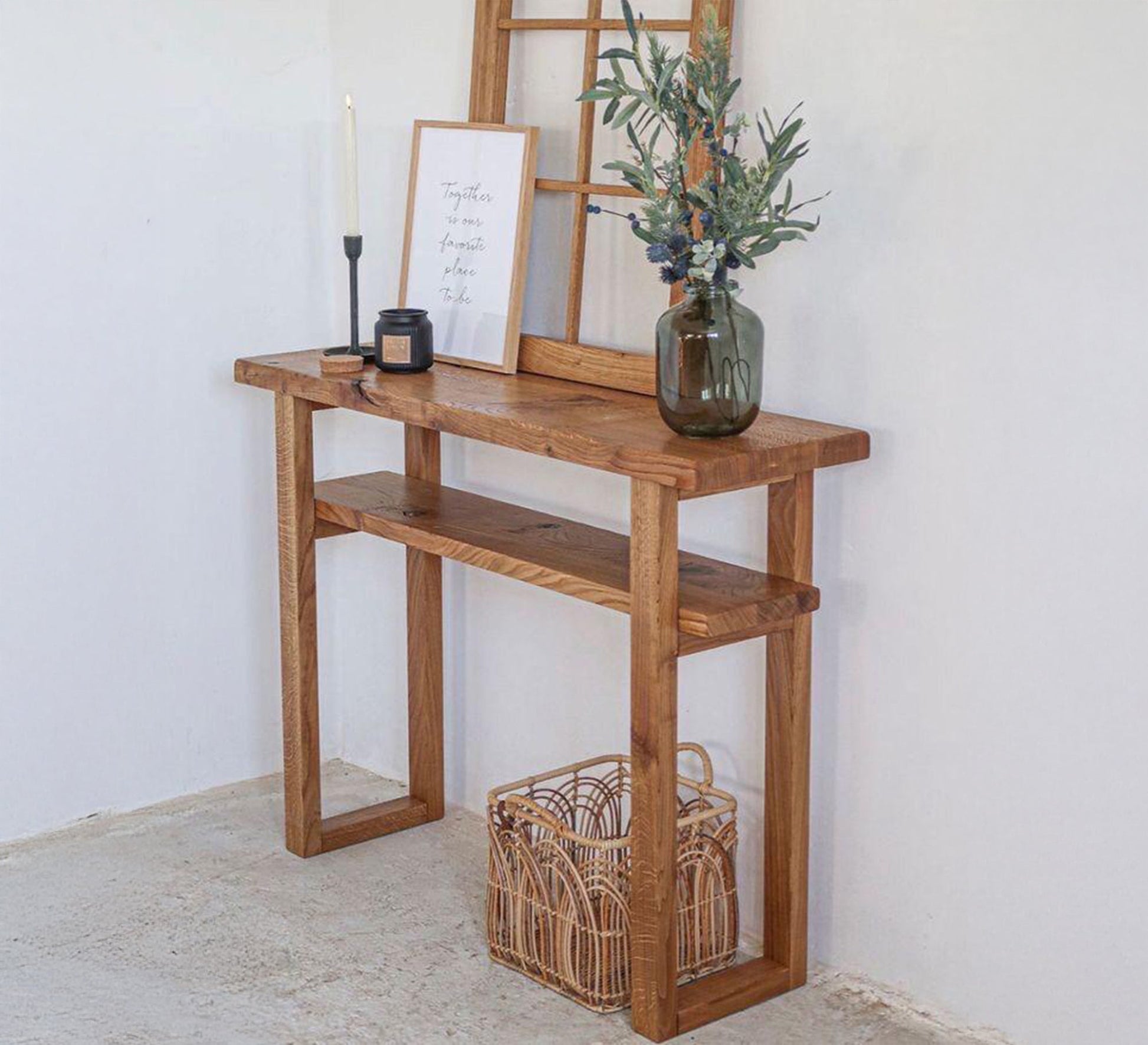 Elegant rustic wooden console table with wooden tabletop - Vitrine Furniture - Furniture