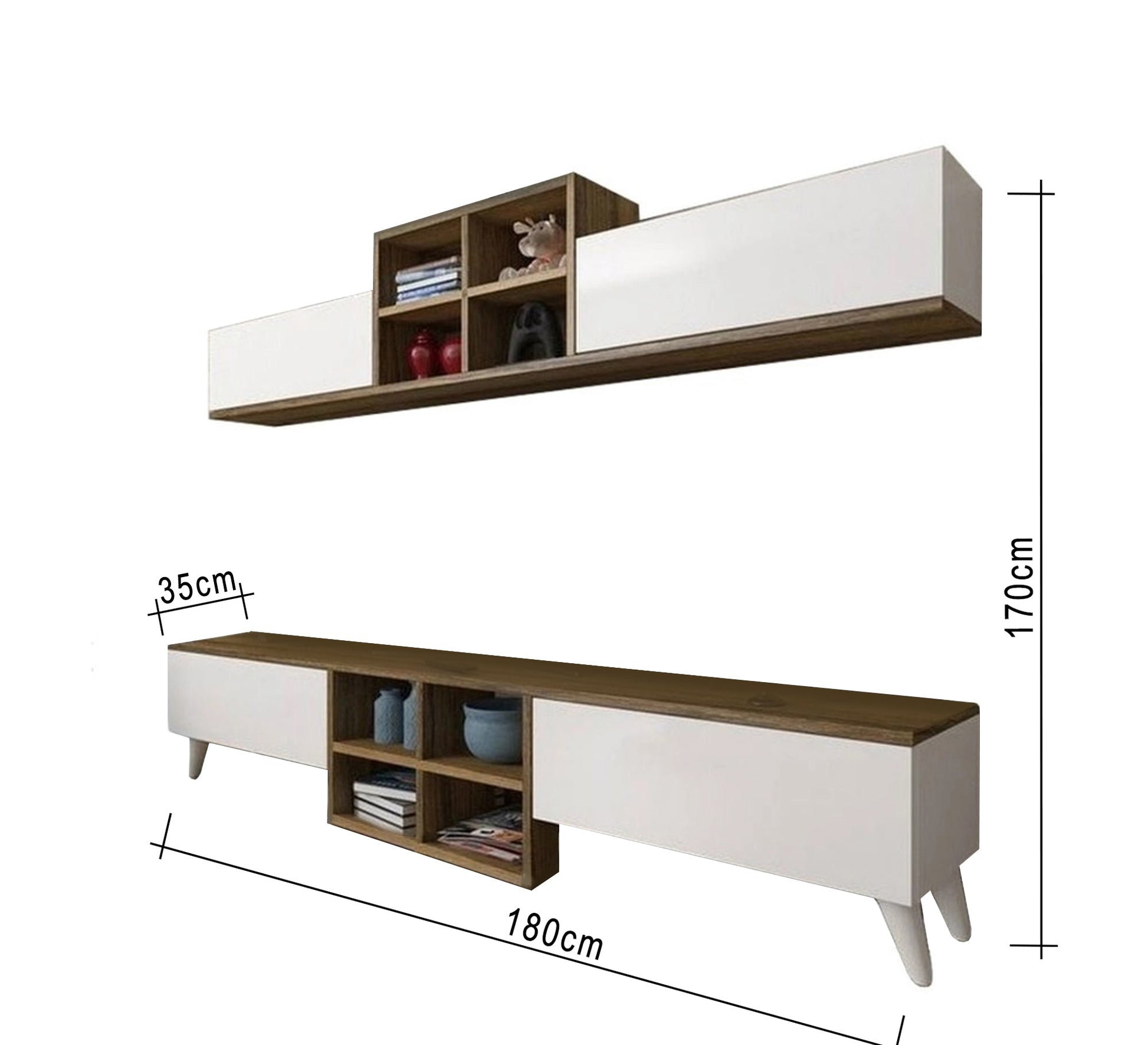 Elegant TV table and top piece in white and brown wood - Vitrine Furniture - Furniture