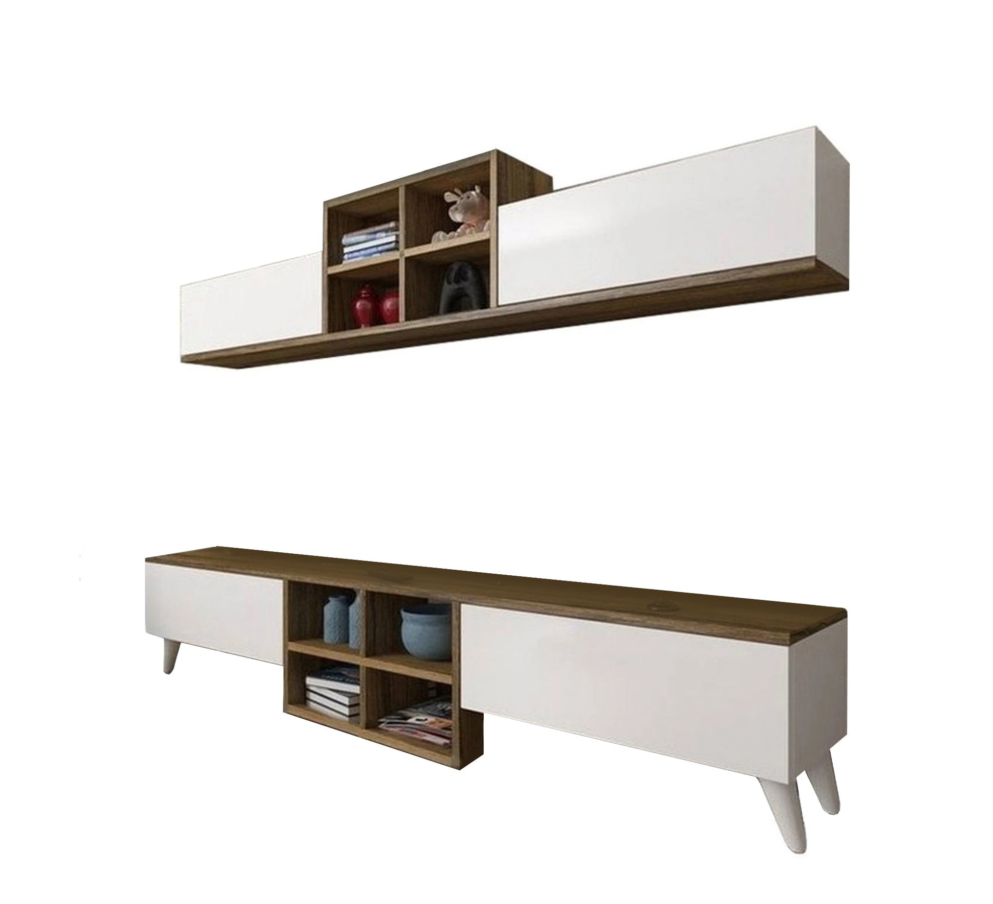 Elegant TV table and top piece in white and brown wood - Vitrine Furniture - Furniture