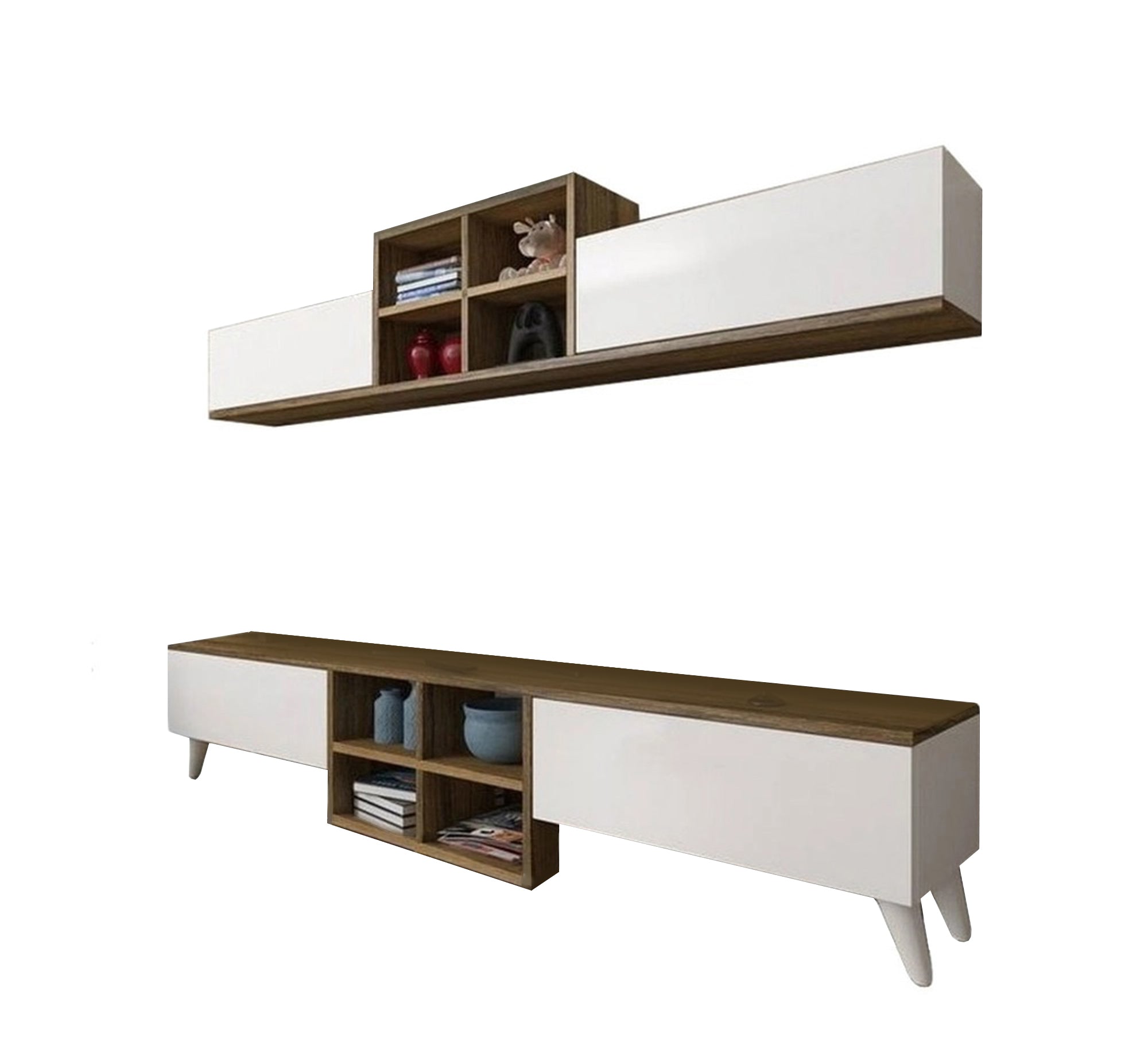 Elegant TV table and top piece in white and brown wood - Vitrine Furniture - Furniture