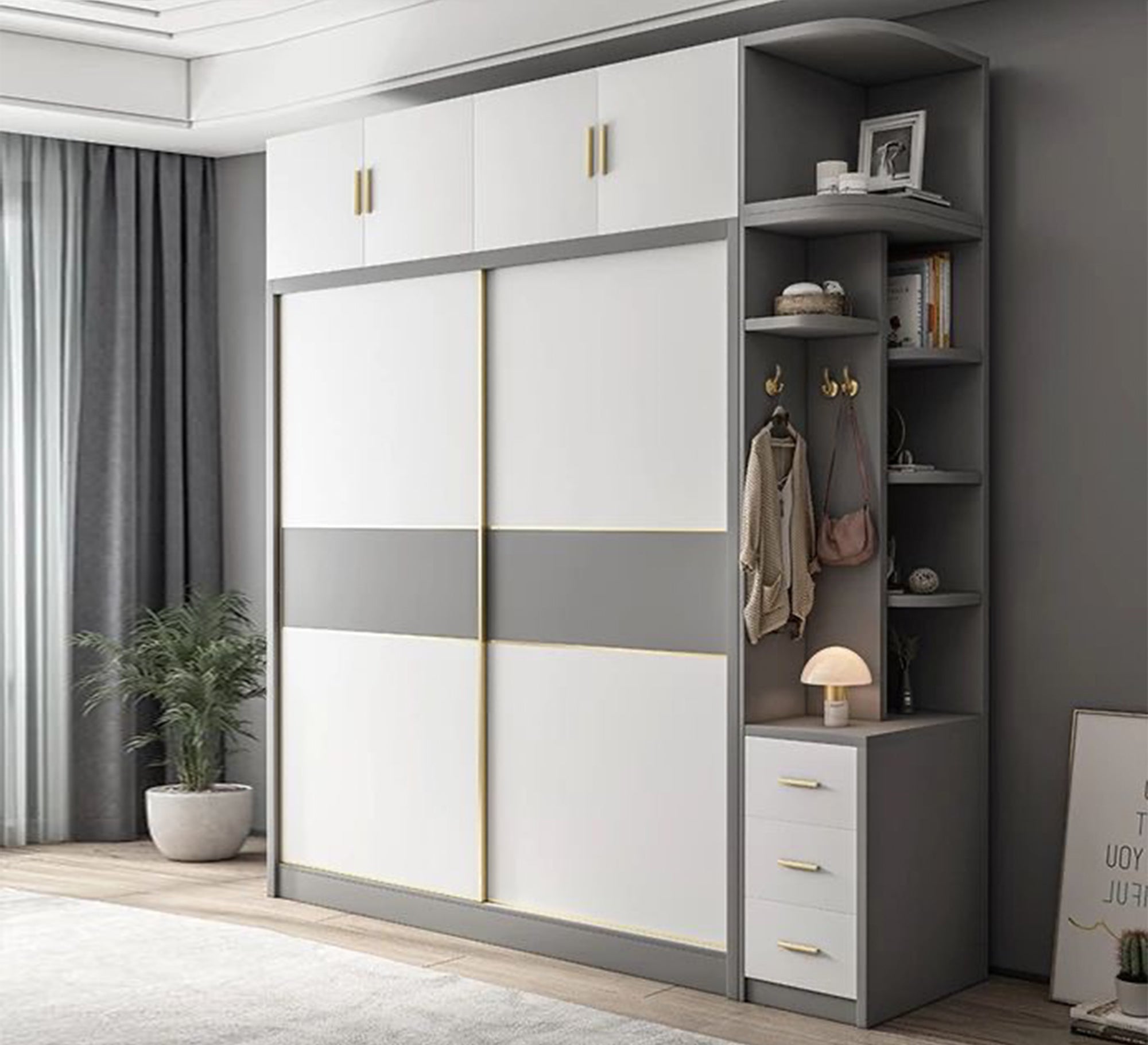 Stylish White & Gray Wardrobe with External Shelves – Vitrine Furniture