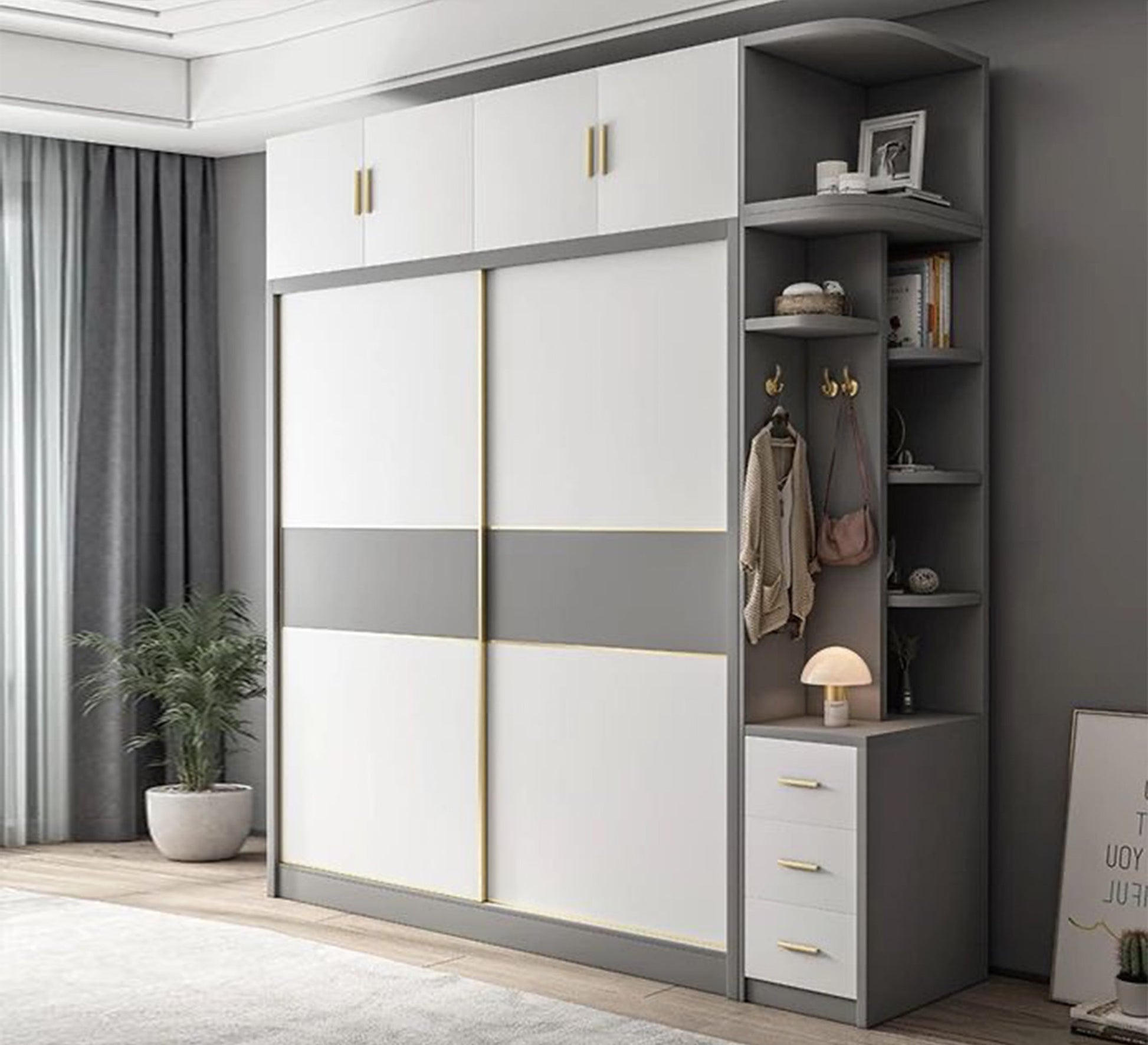 Elegant Wardrobes with White & Gray Storage with External Shelves - Vitrine Furniture - Furniture