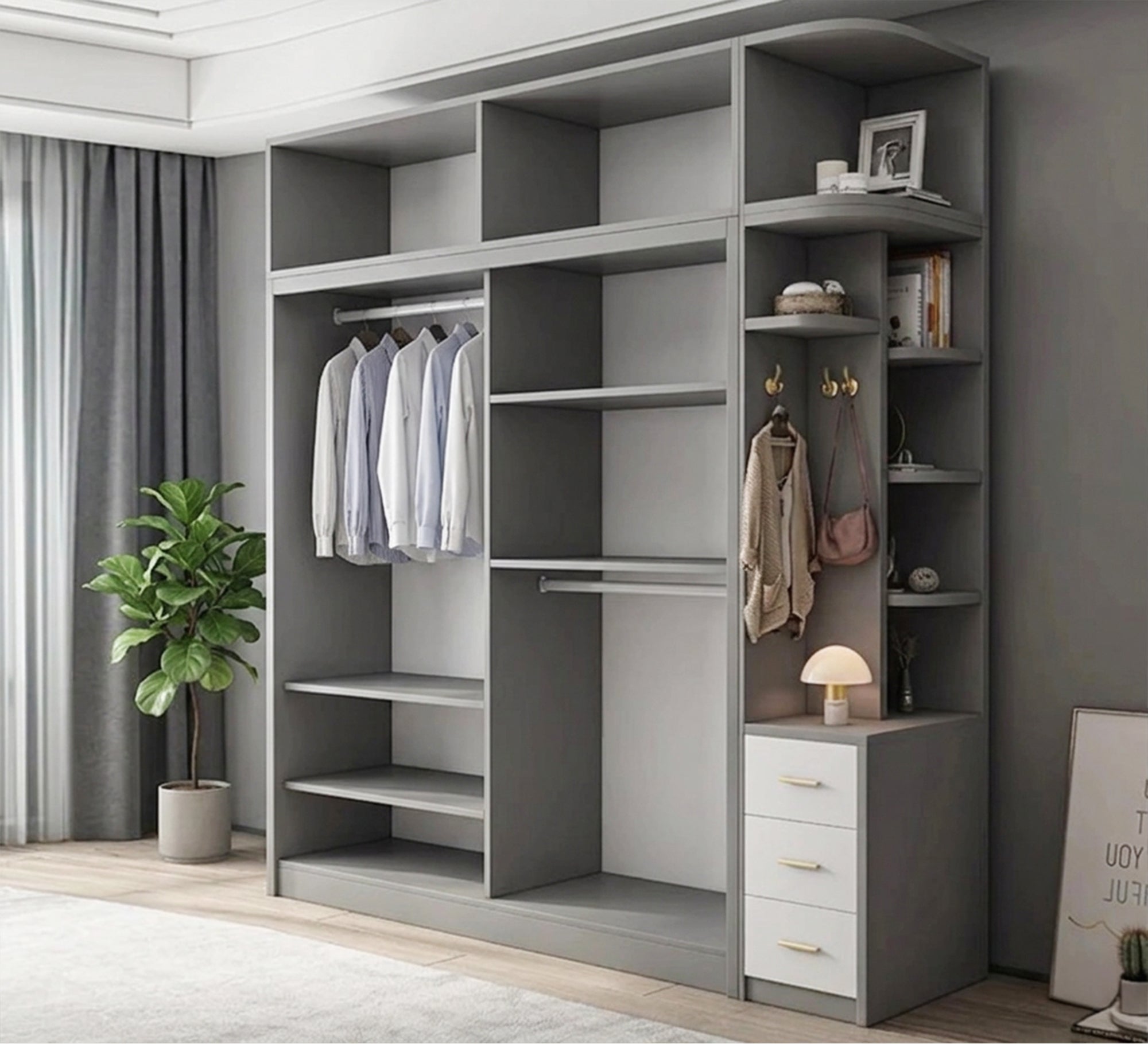 Elegant Wardrobes with White & Gray Storage with External Shelves - Vitrine Furniture - Wardrobes