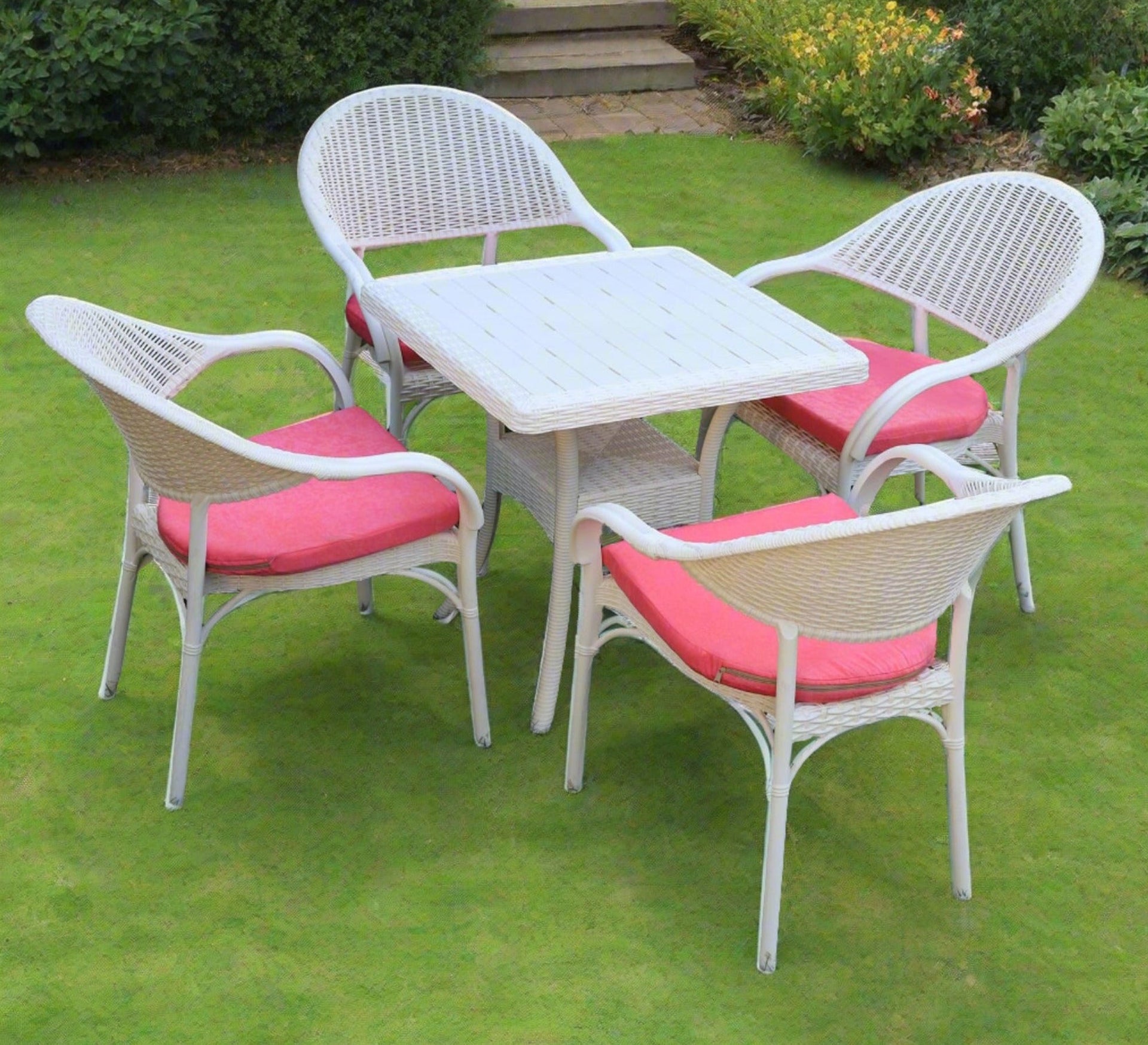 Elegant white patio set with pink cushions – Vitrine Furniture