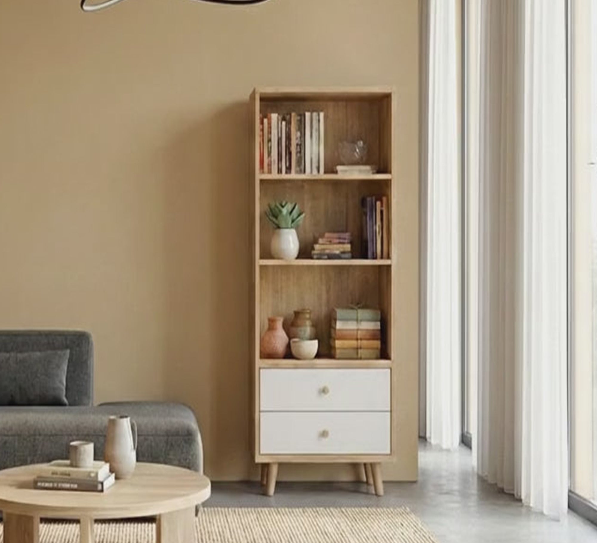 Elegant wooden bookcase with white drawers - Vitrine Furniture - Office Bookcases
