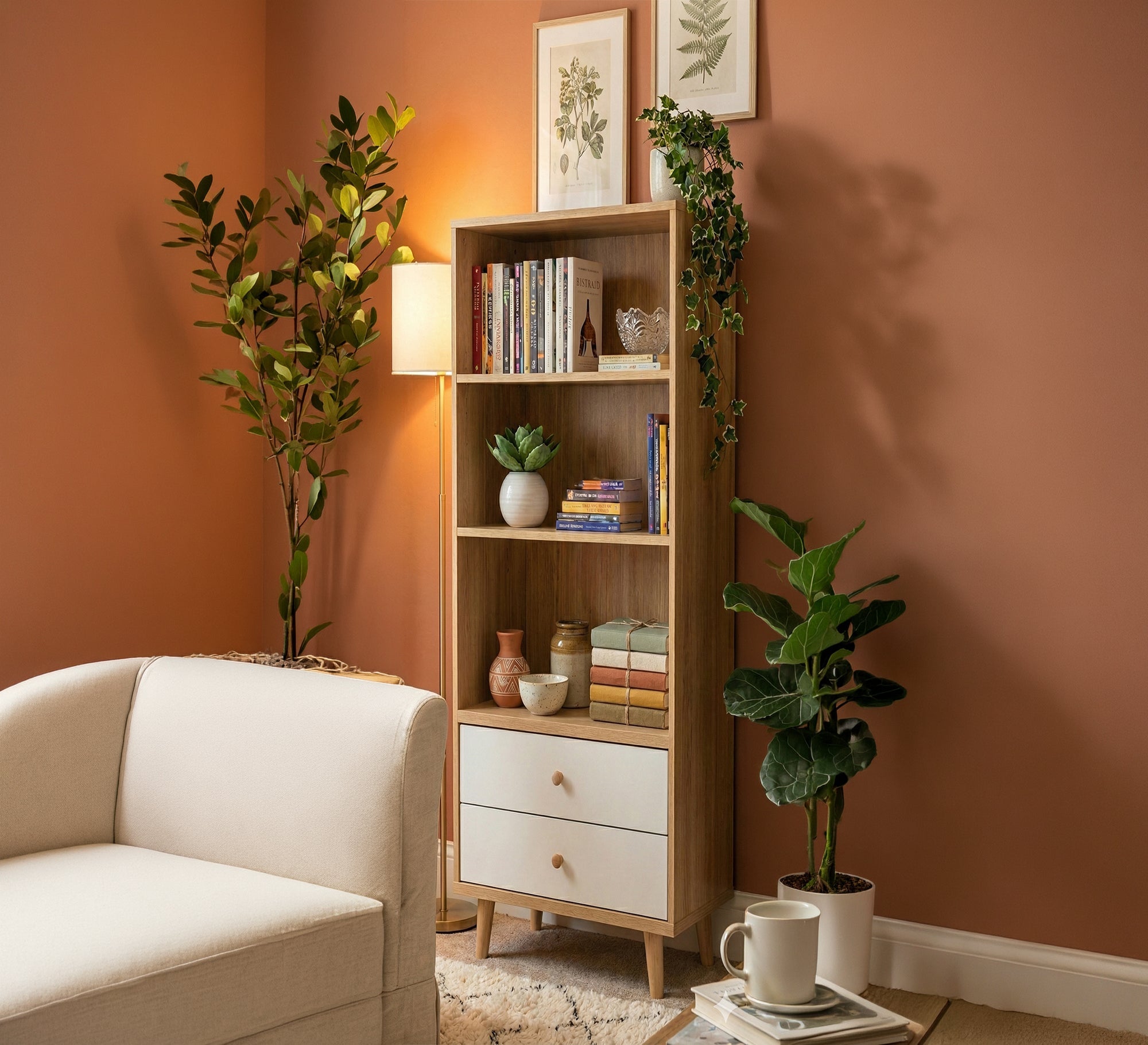 Elegant wooden bookcase with white drawers - Vitrine Furniture - Office Bookcases
