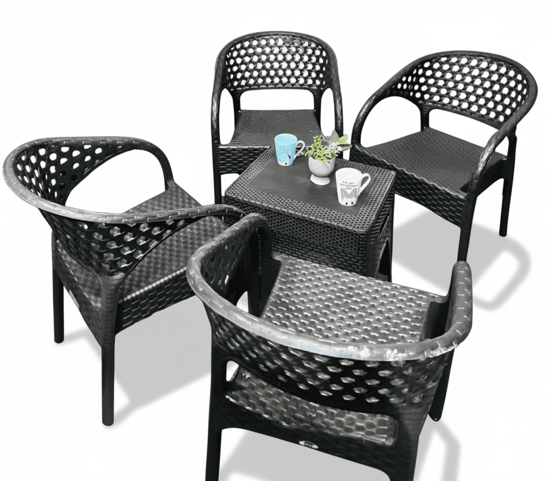 Four plastic chairs and a small black garden table - Vitrine Furniture - Outdoor Products