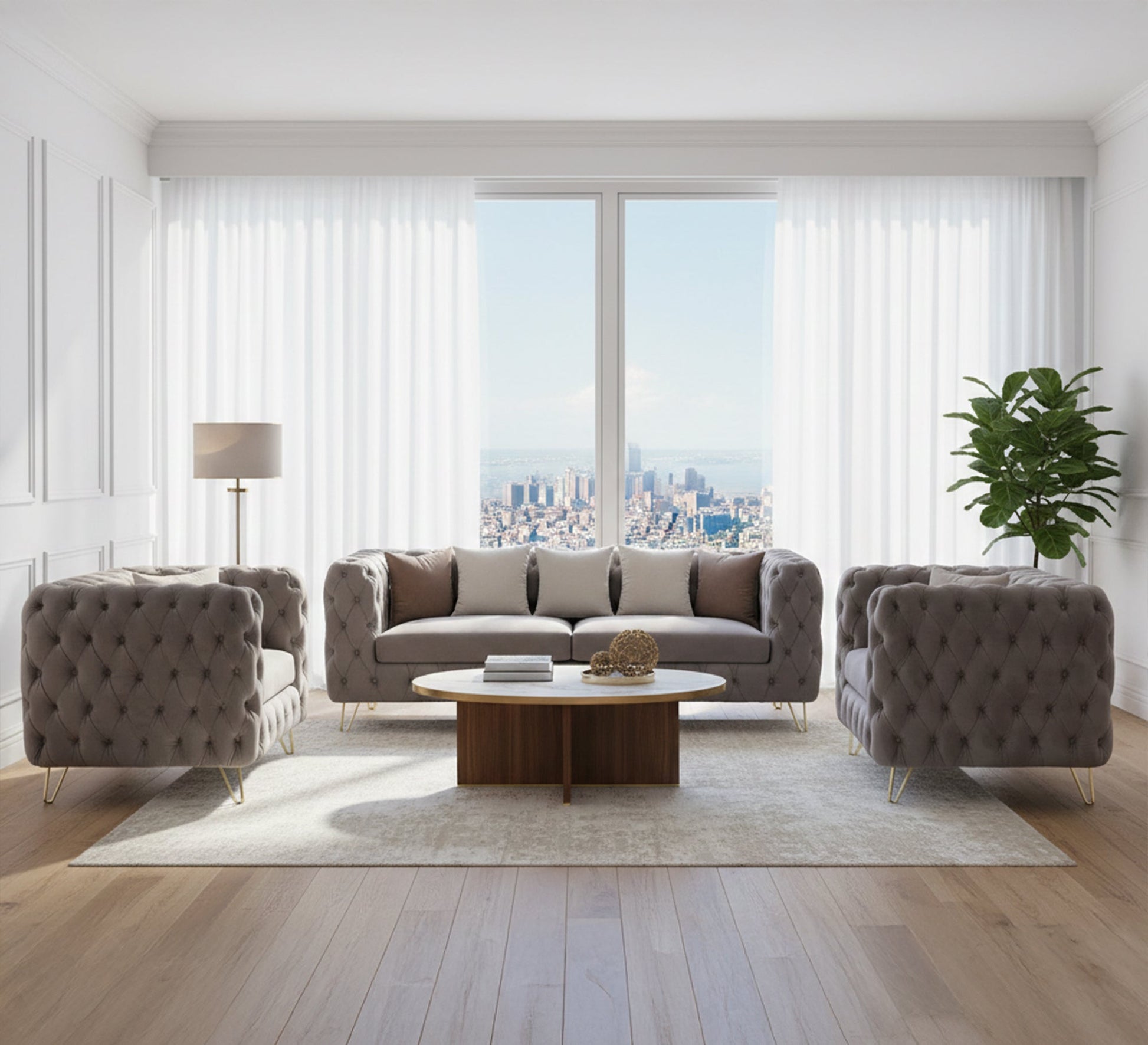 Fully capotain grey living room with golden legs - Vitrine Furniture - Living room sets