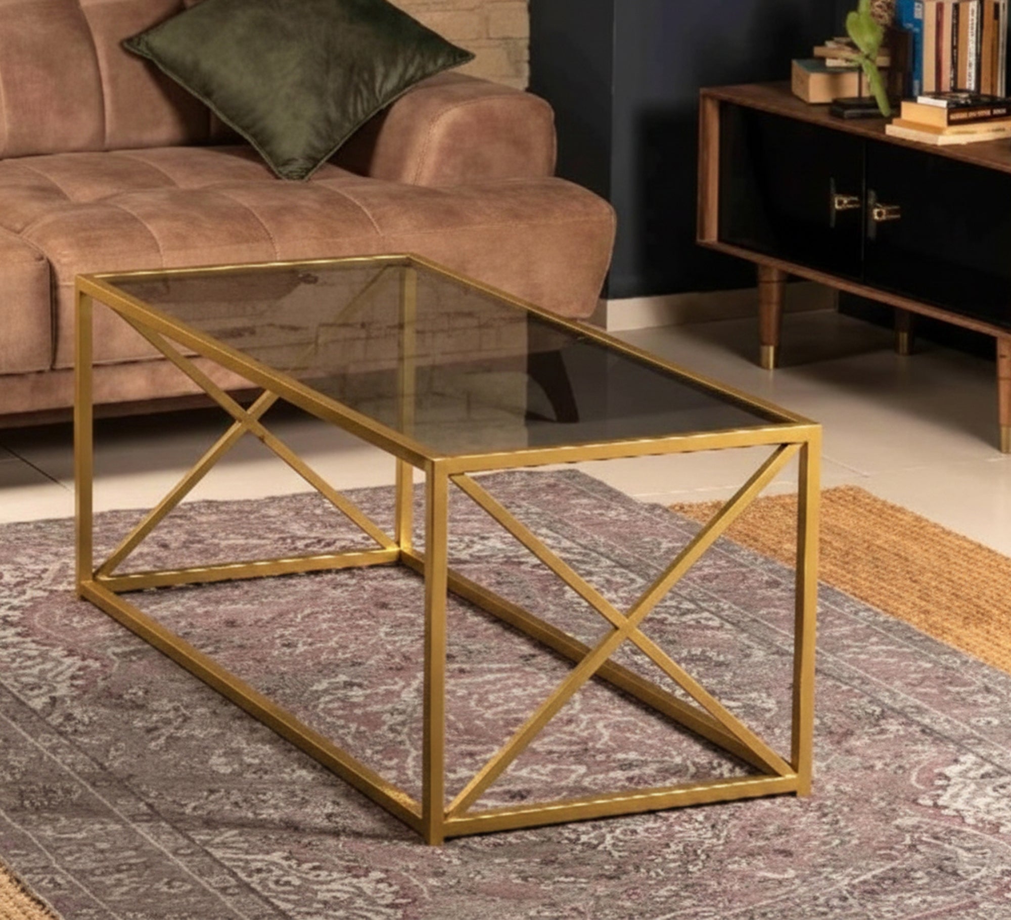 Glass coffee table with a gold cross frame - Vitrine Furniture - Furniture