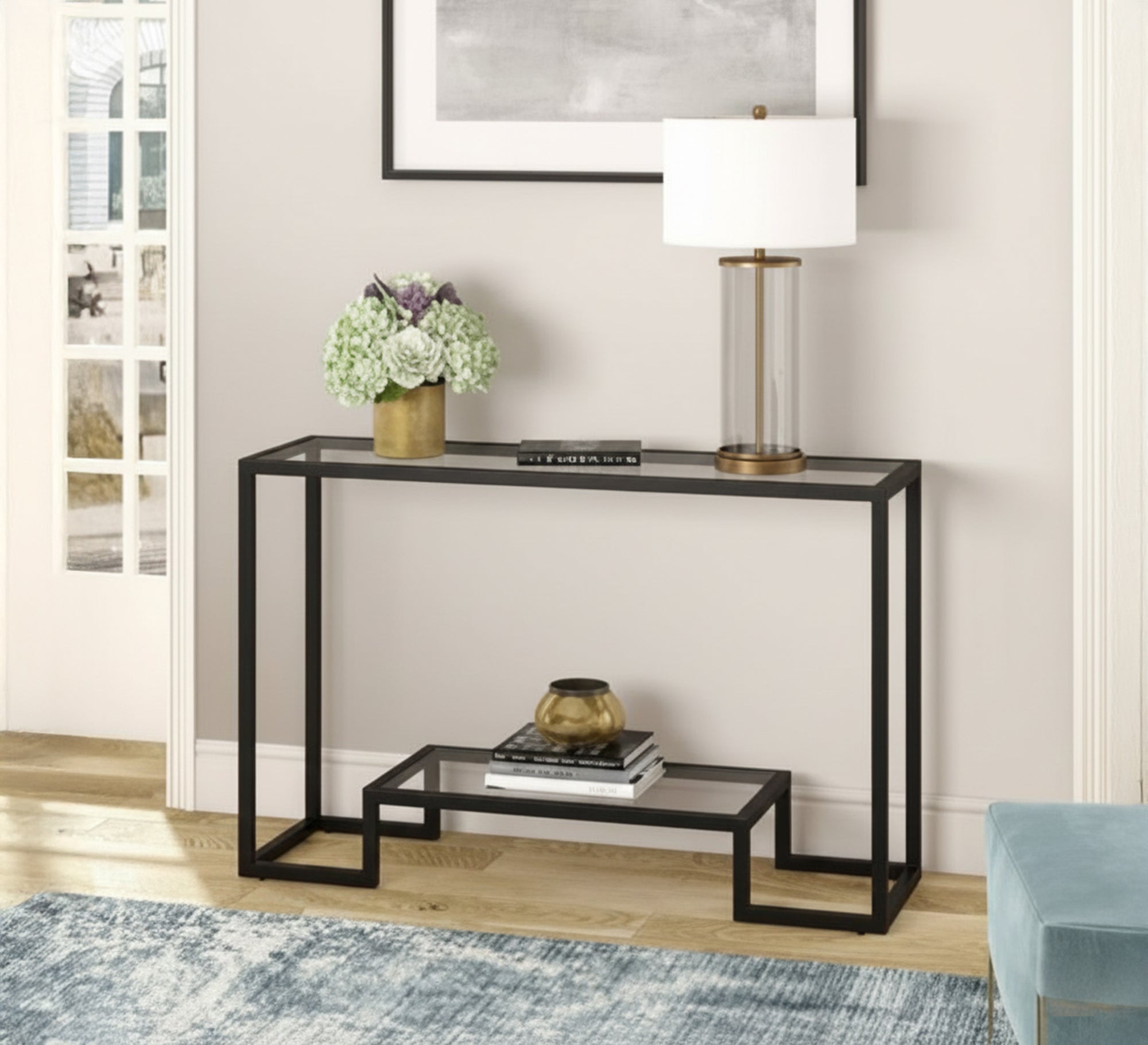 Glass console table with a geometric black frame - Vitrine Furniture - Furniture