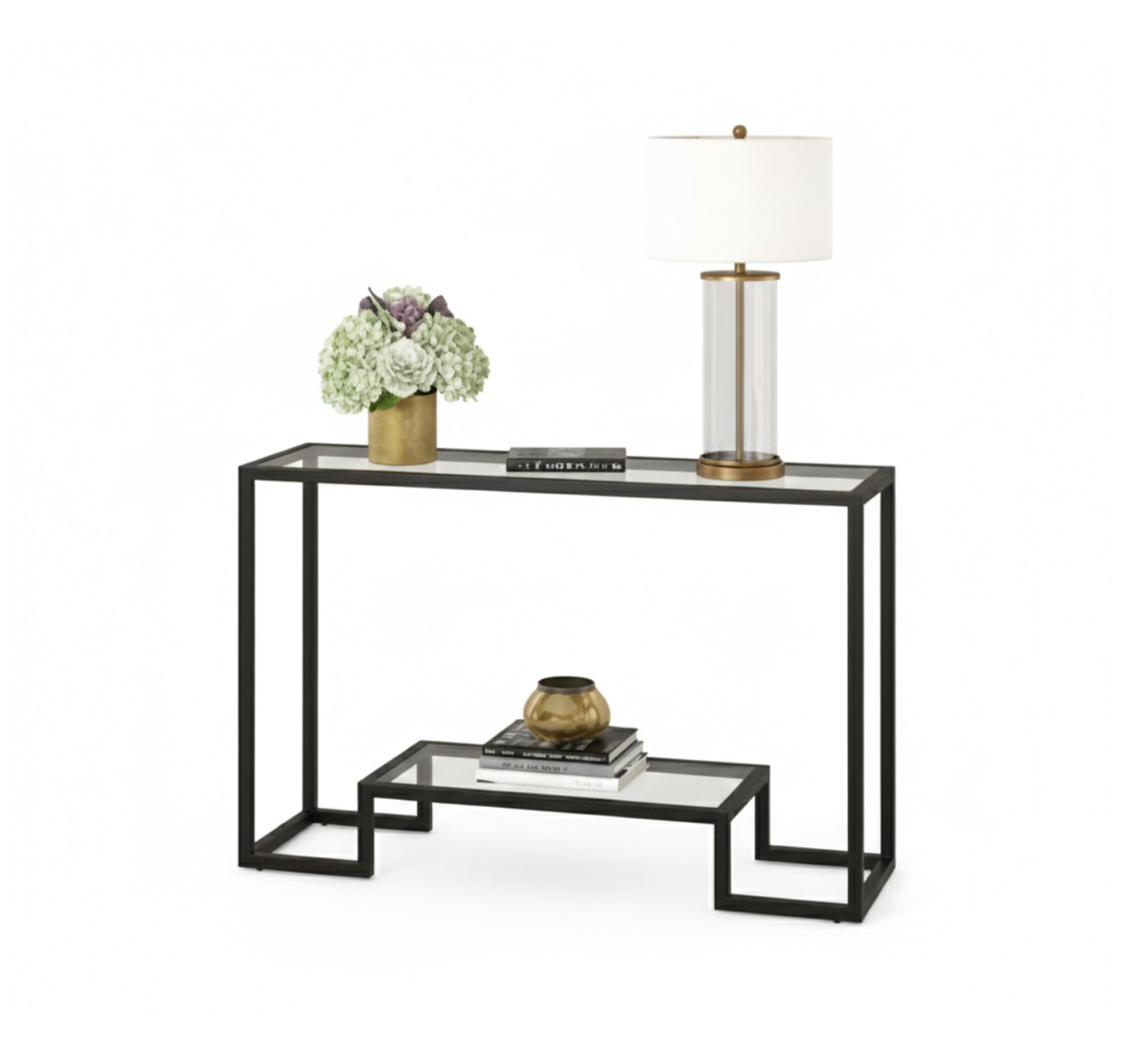 Glass console table with a geometric black frame - Vitrine Furniture - Furniture