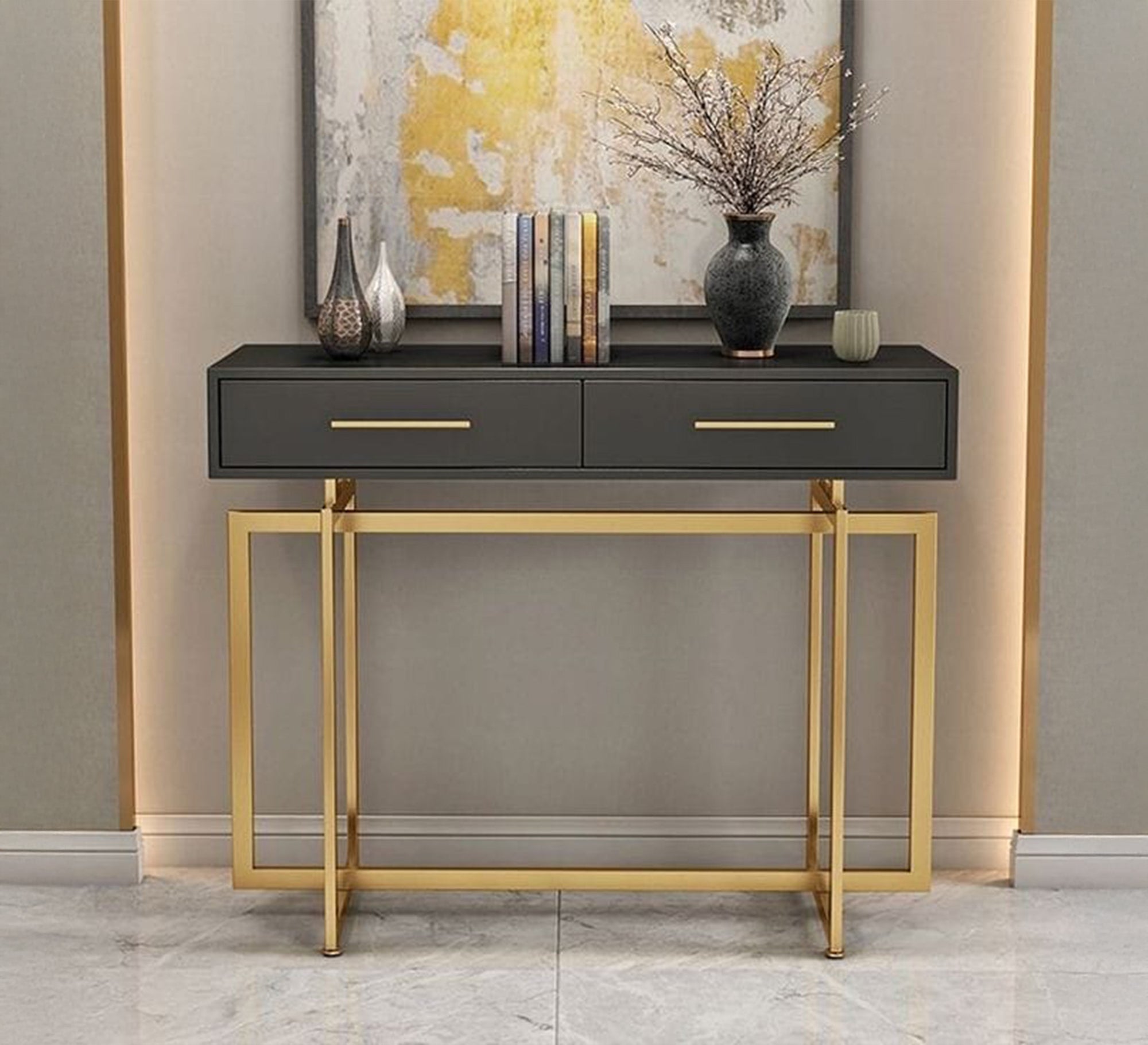 Gold and black console with 2 drawers - Vitrine Furniture - Furniture