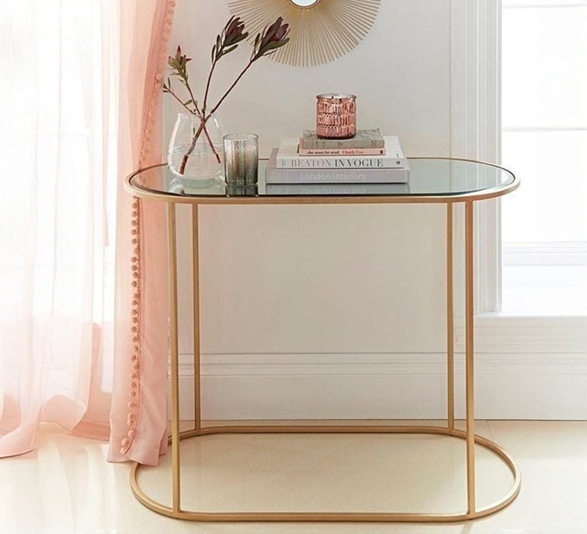 Gold - colored open oval base console - Vitrine Furniture - Furniture