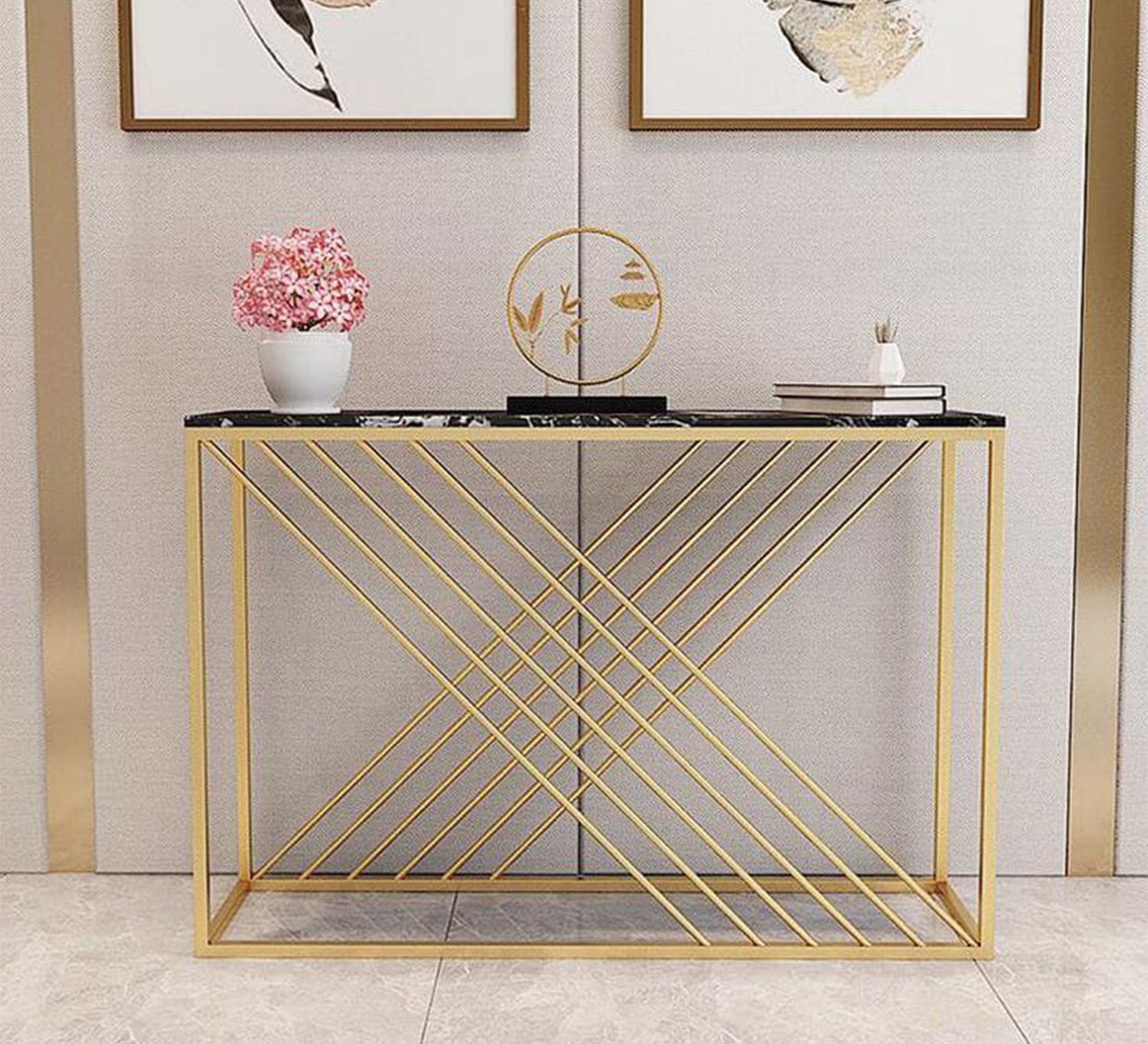 Gold console table with glass - Vitrine Furniture - Console