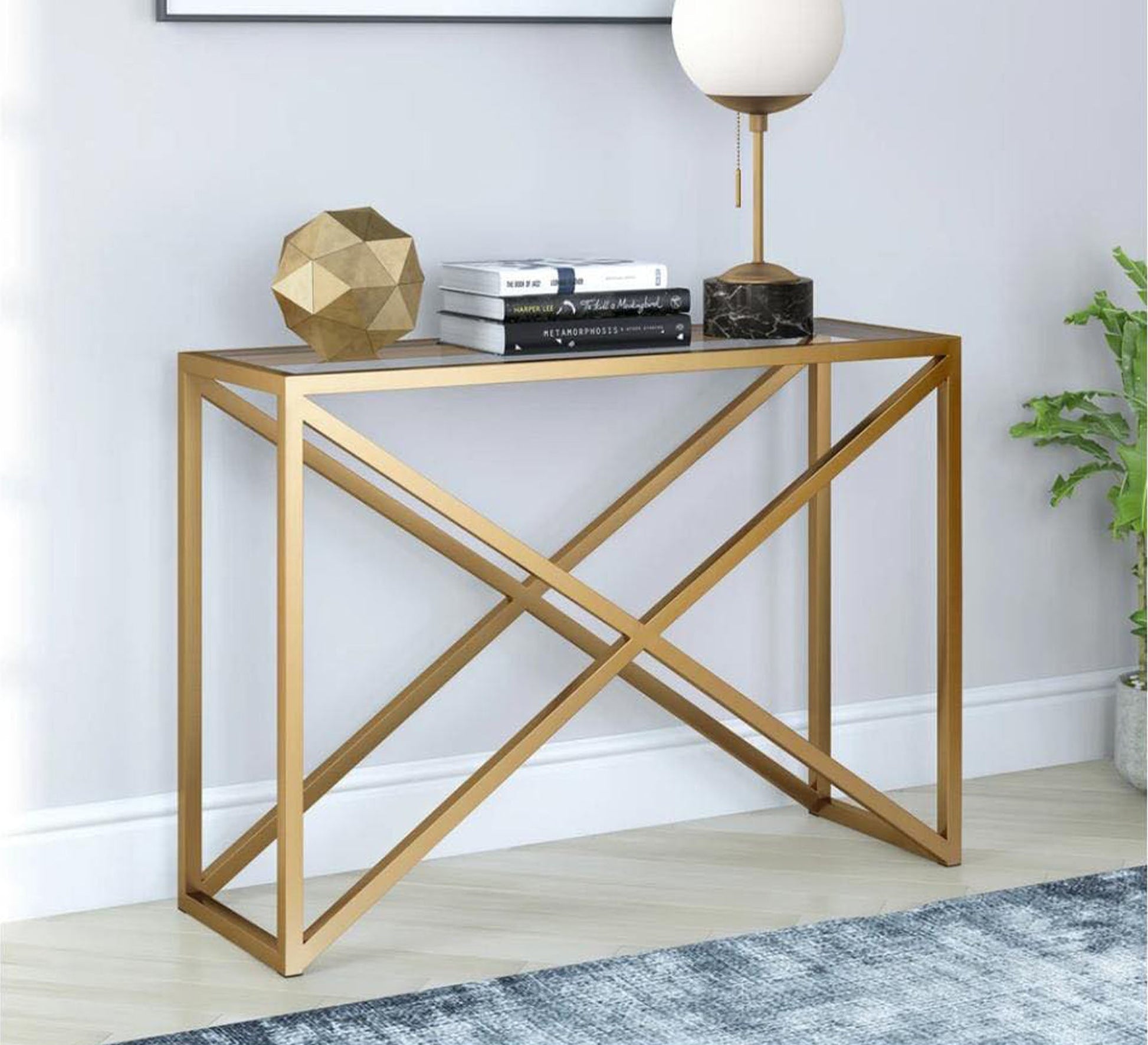 Gold console with an x - shaped structure - Vitrine Furniture - Furniture