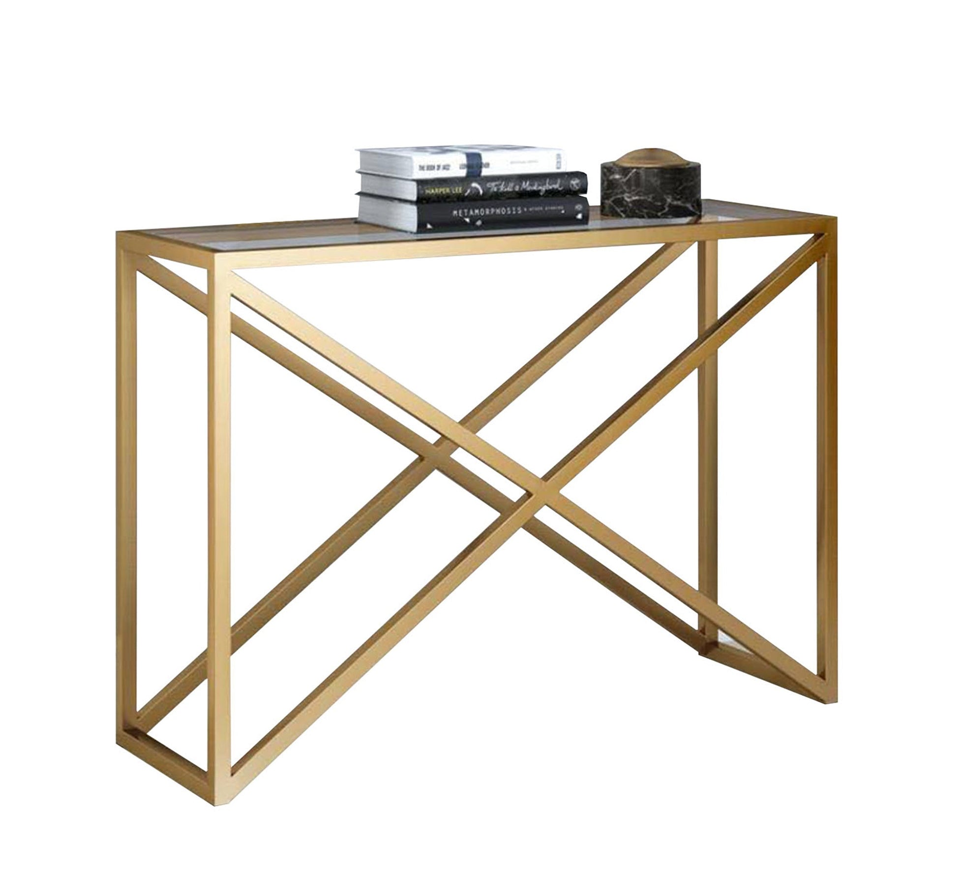 Gold console with an x - shaped structure - Vitrine Furniture - Furniture