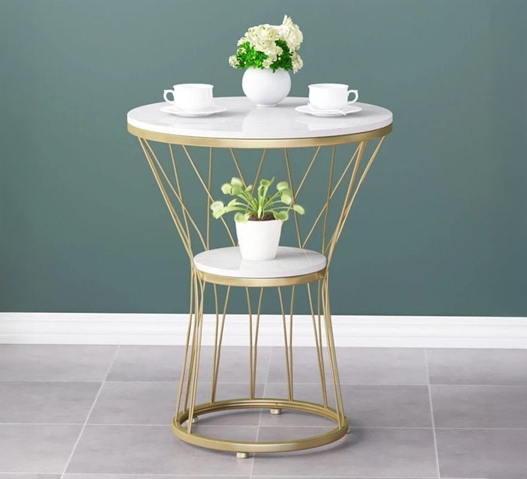 Gold side table with two marble shelves - Vitrine Furniture - Furniture
