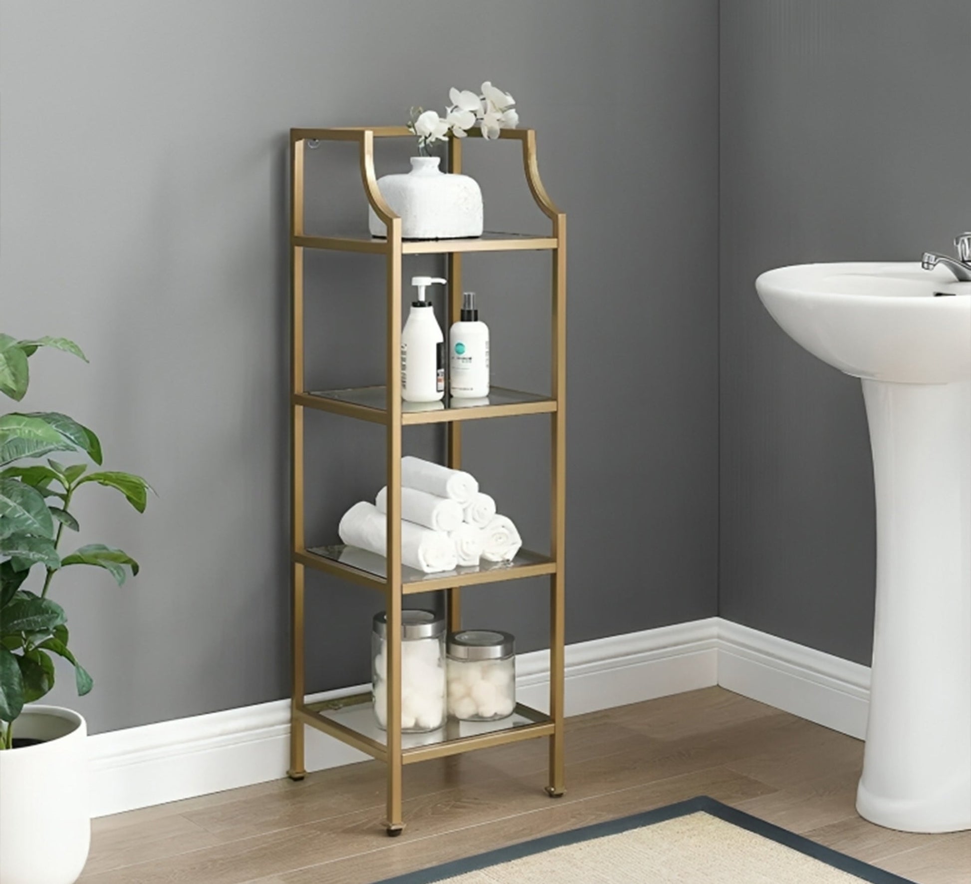 Gold storage unit with four glass shelves - Vitrine Furniture - Furniture