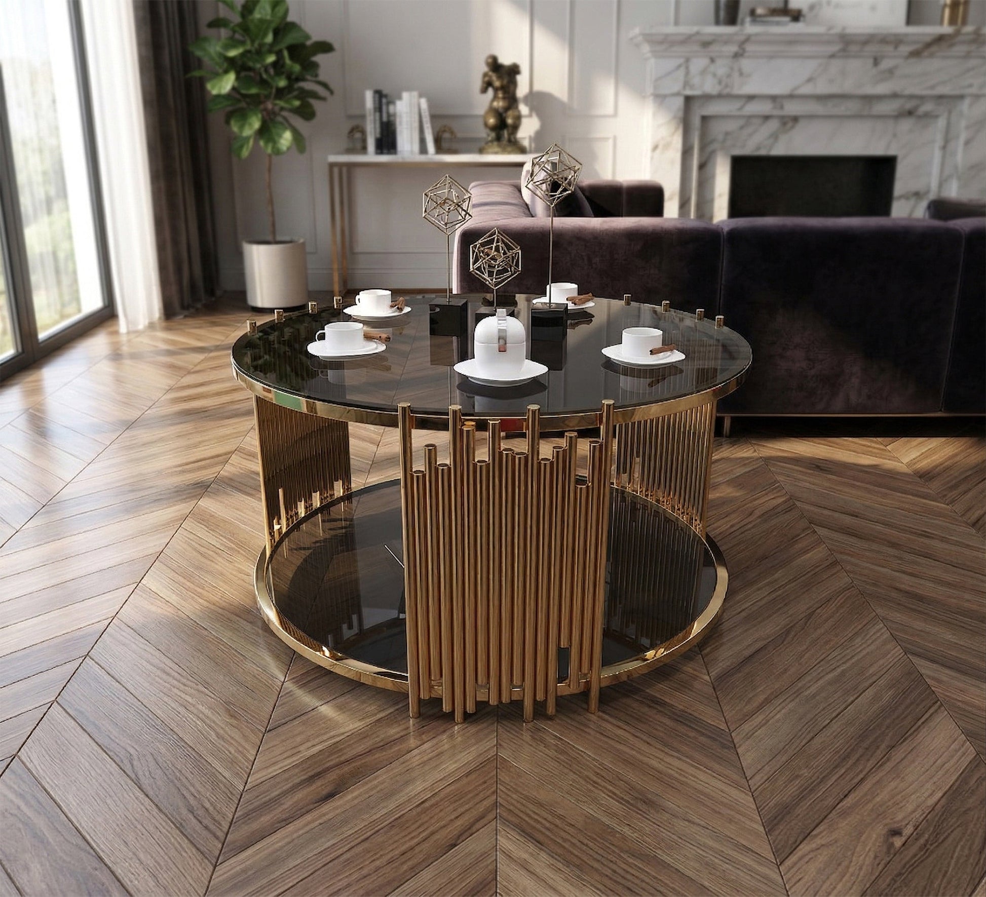 Golden circular table with two living surfaces - Vitrine Furniture - Coffee Tables