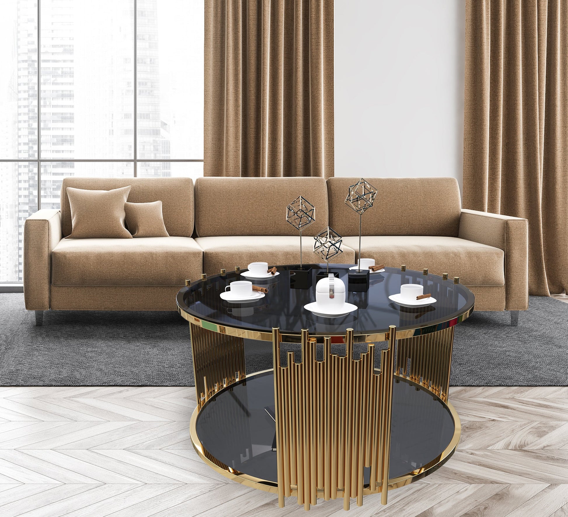 Golden circular table with two living surfaces - Vitrine Furniture - Furniture