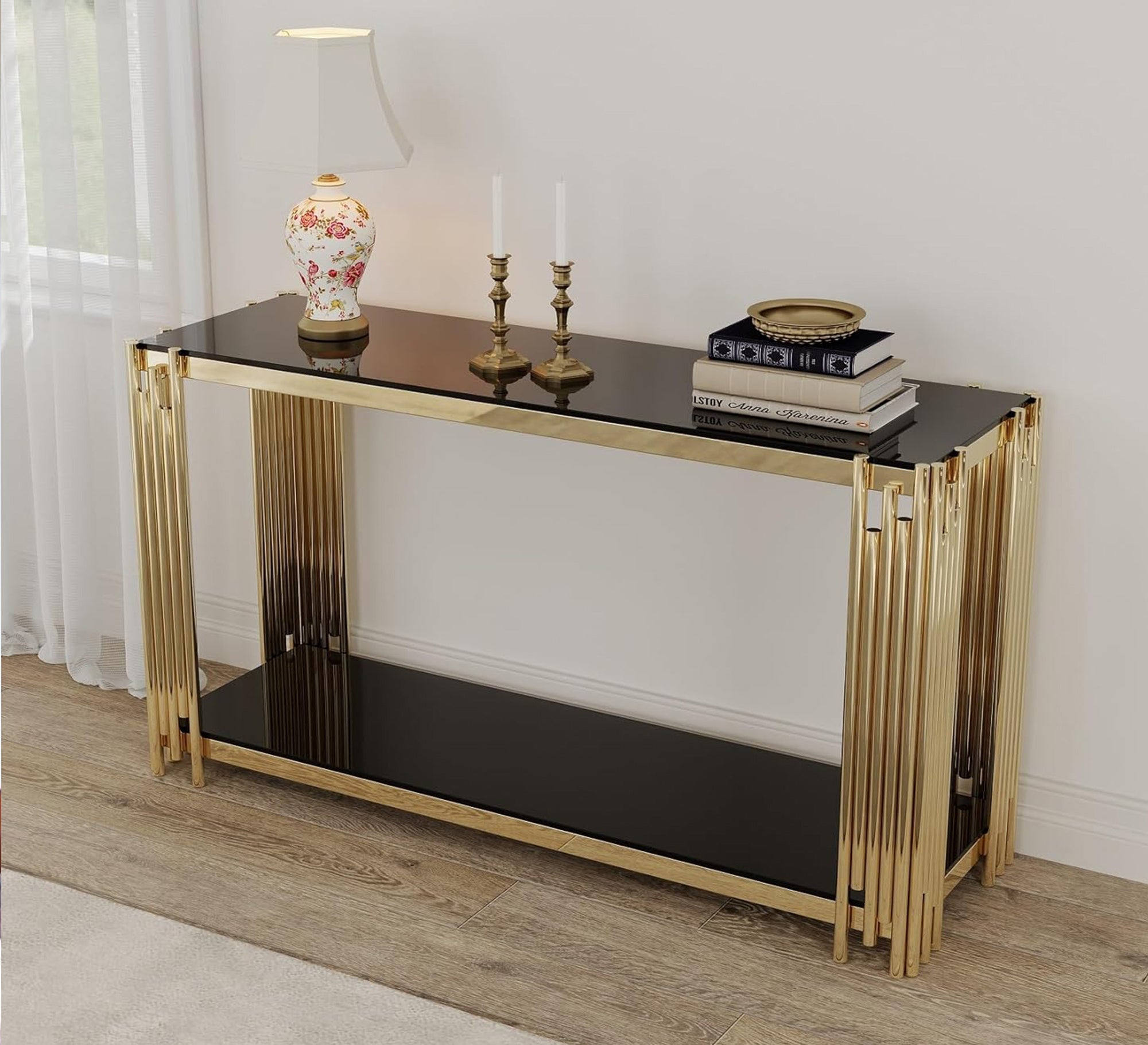 Golden consol with upper and lower surfaces - Vitrine Furniture - Furniture