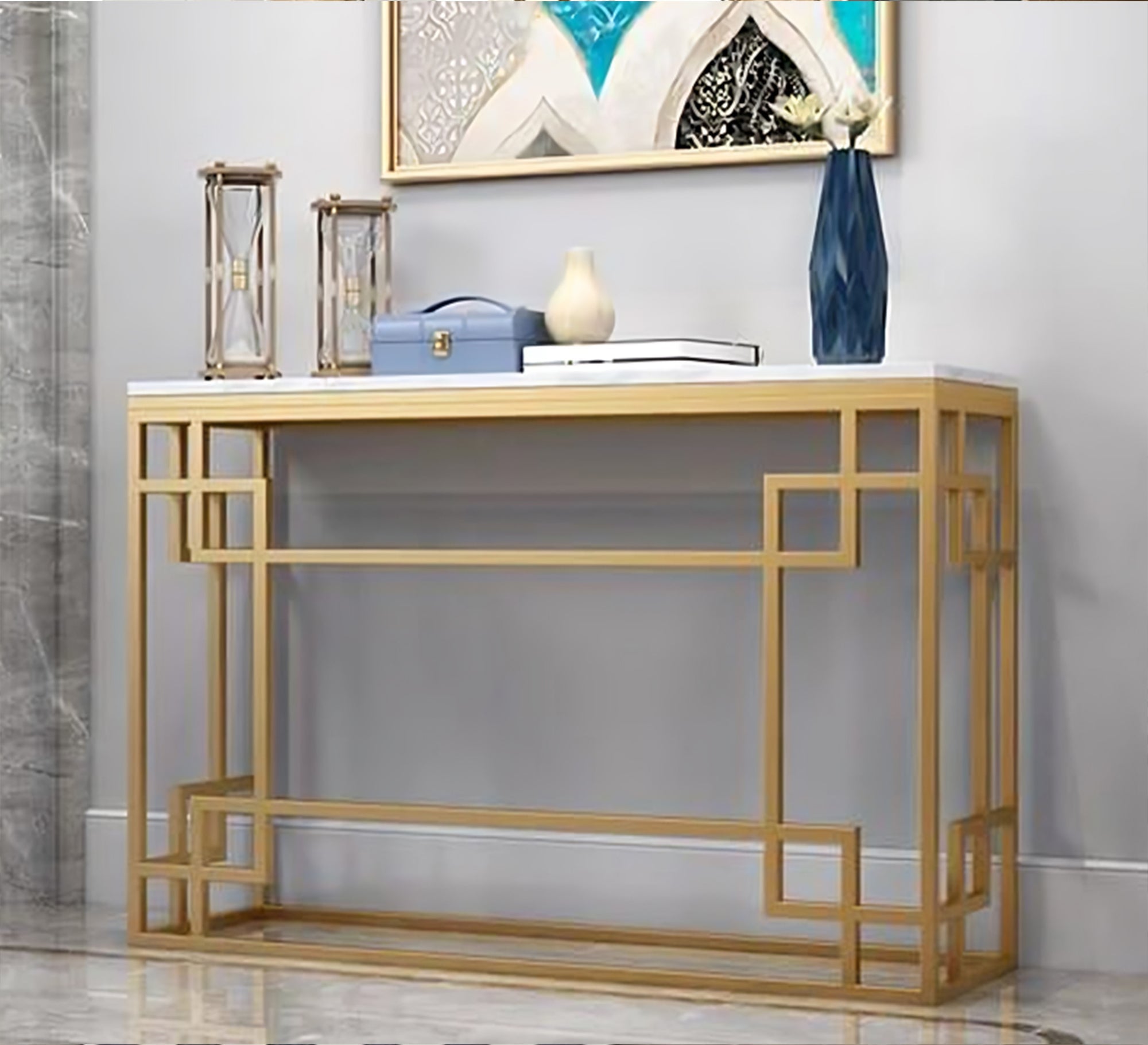 Golden console table with a luxurious geometric design - Vitrine Furniture - Furniture