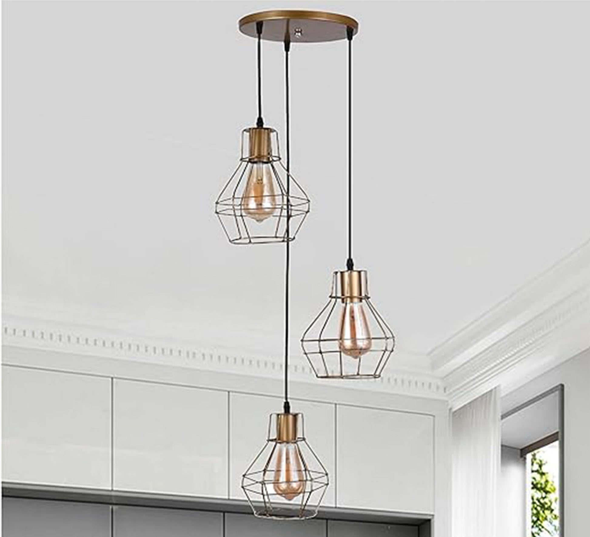 Golden Triple Chandelier Hanging at Different Heights - Vitrine Furniture - Lighting
