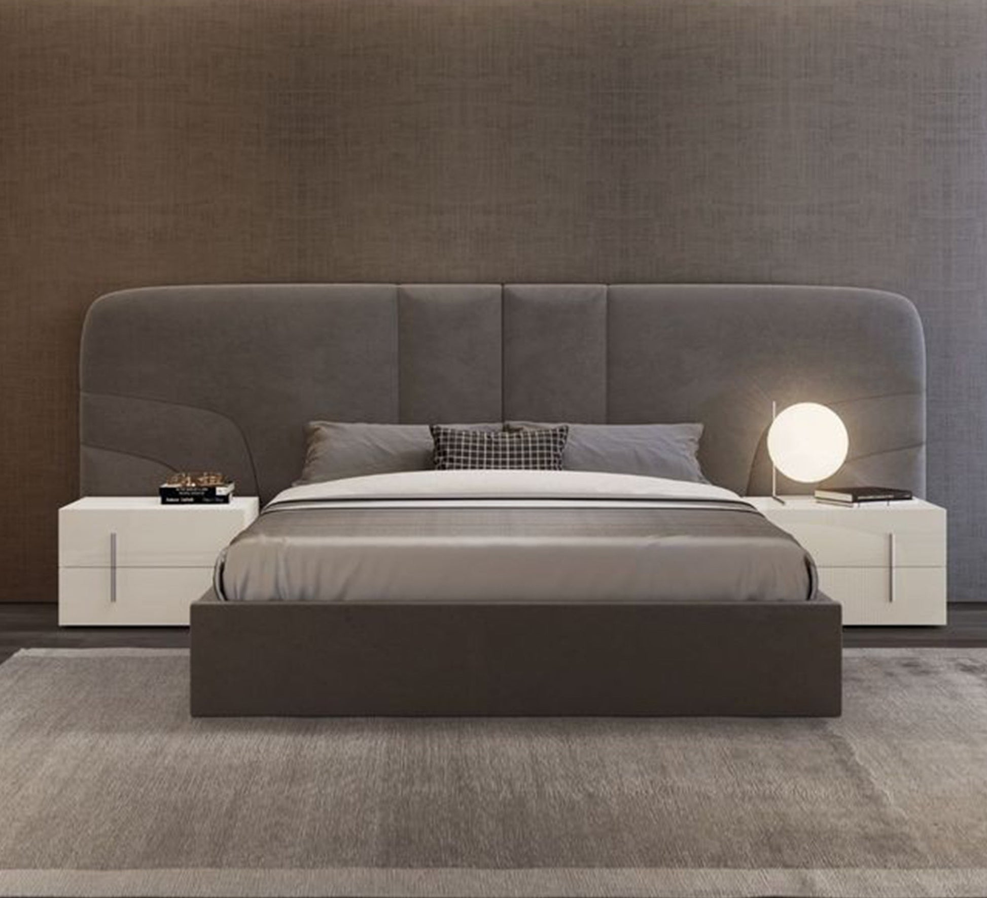 Gray bed with a high capitone headboard - Vitrine Furniture - Furniture