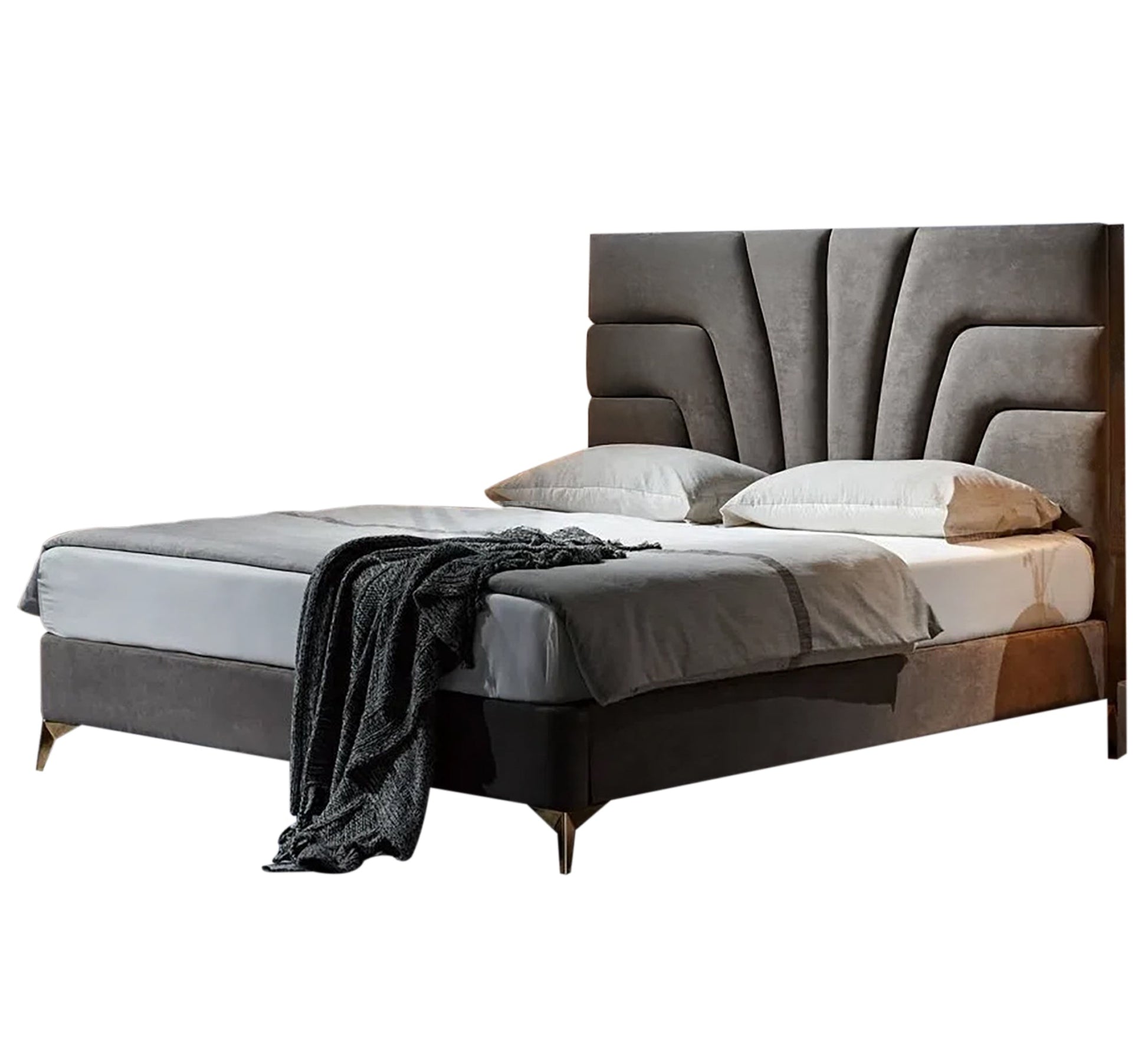 Gray bed with radial sunken lines - Vitrine Furniture - Furniture