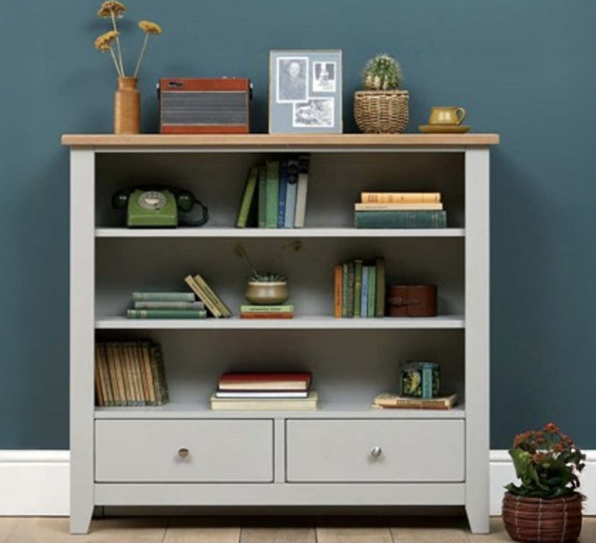 Gray bookcase with lower drawers and three shelves - Vitrine Furniture - Furniture