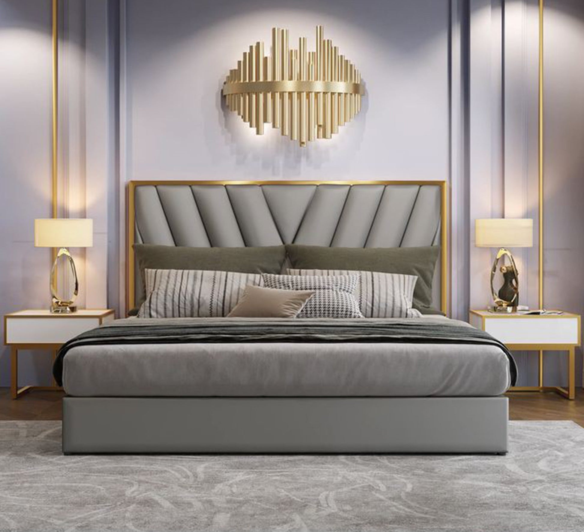 Gray king bed with gold trim - Vitrine Furniture - Furniture