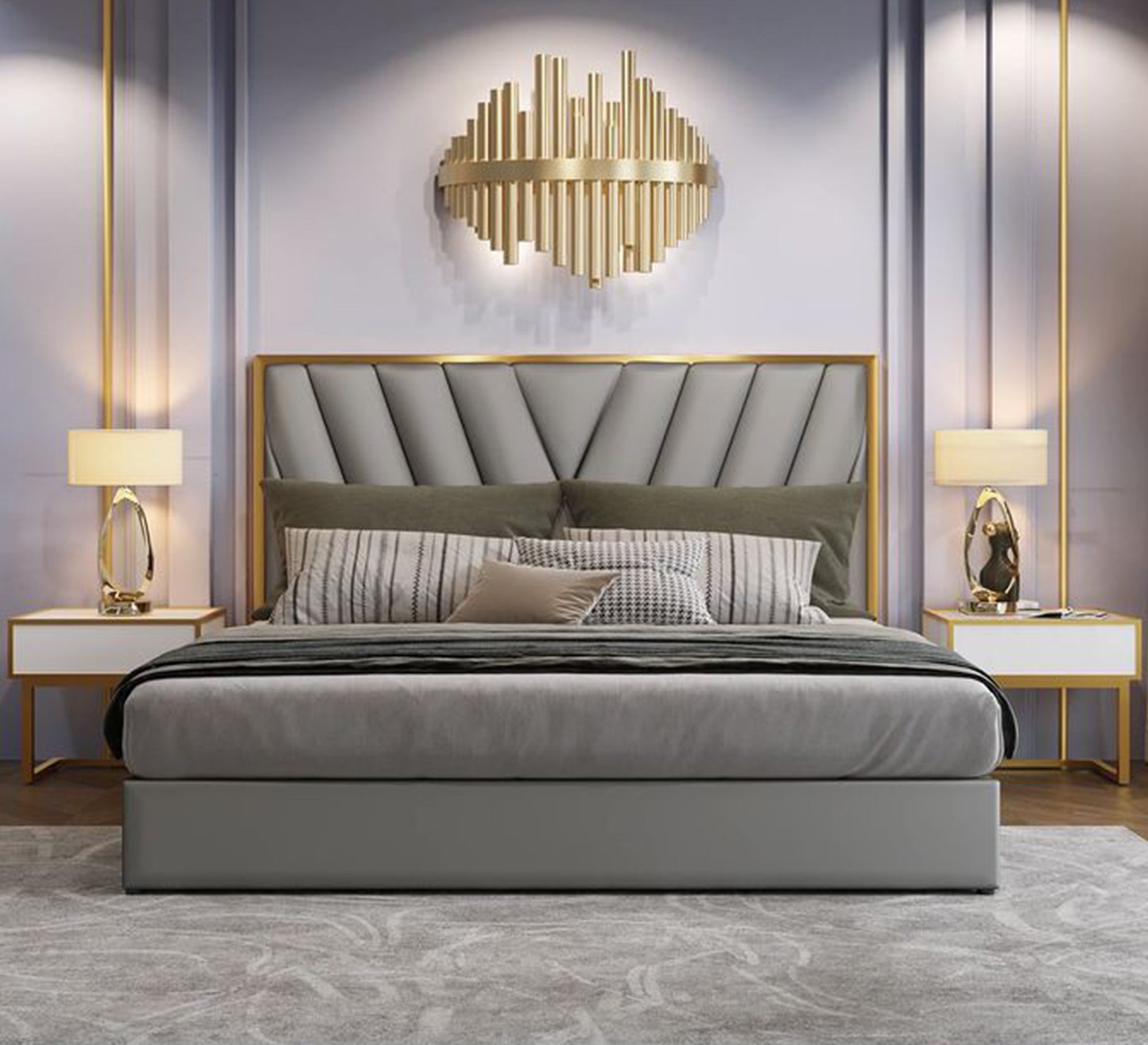 Gray king bed with gold trim - Vitrine Furniture - Furniture