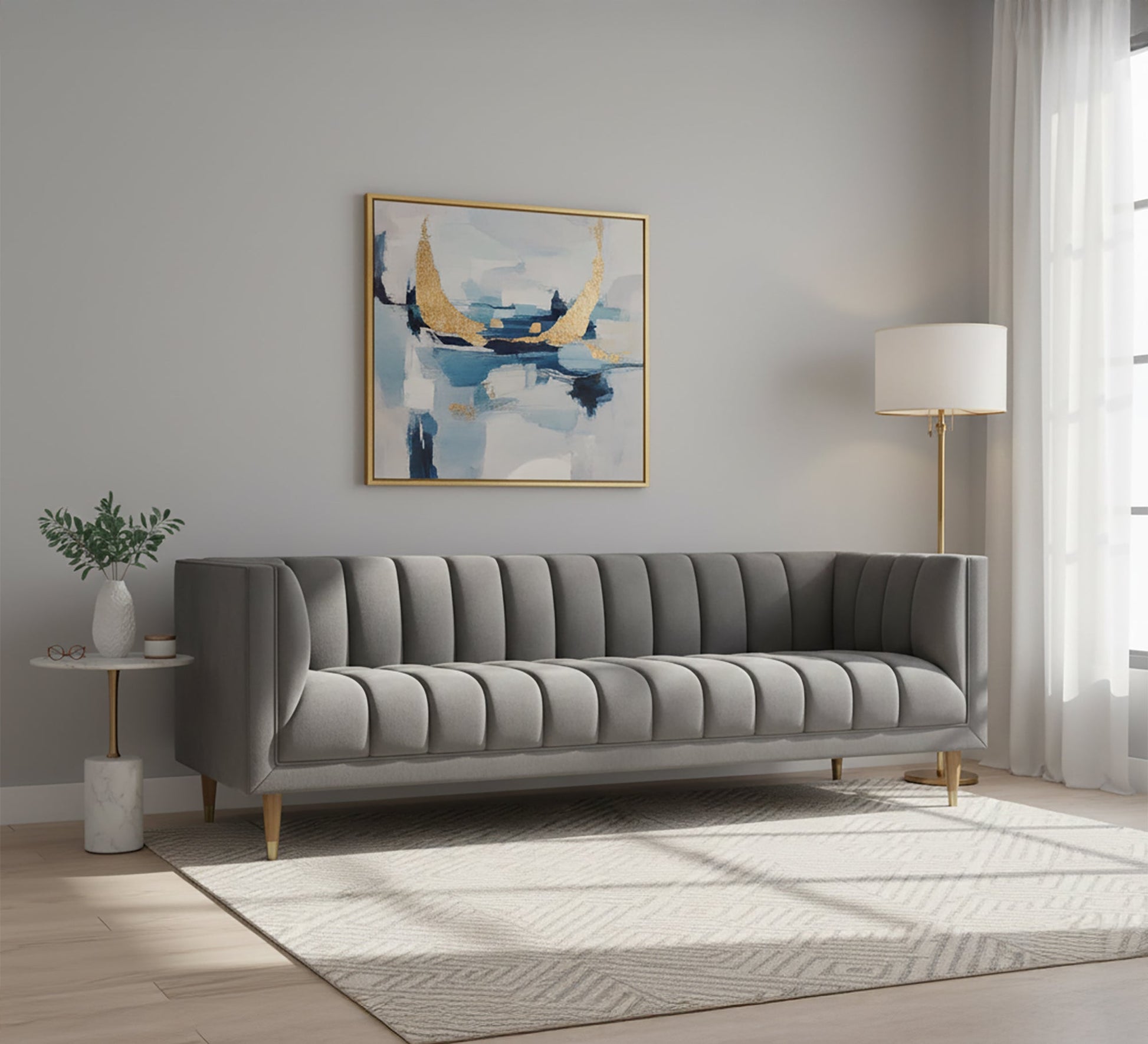 Gray sofa with capitone lines on the back and base - Vitrine Furniture - Living room Sofas