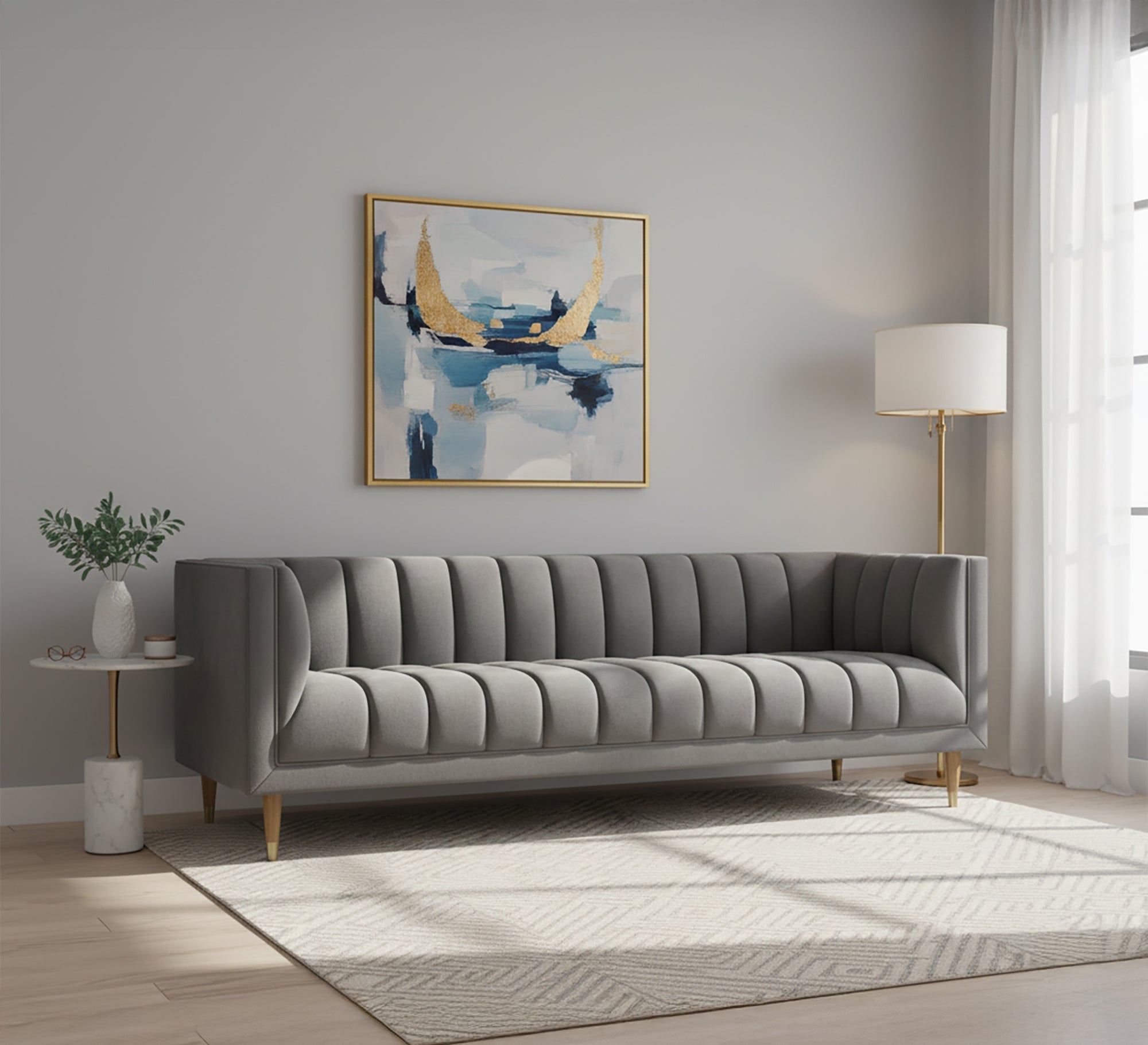 Gray sofa with capitone lines on the back and base - Vitrine Furniture - Living room Sofas