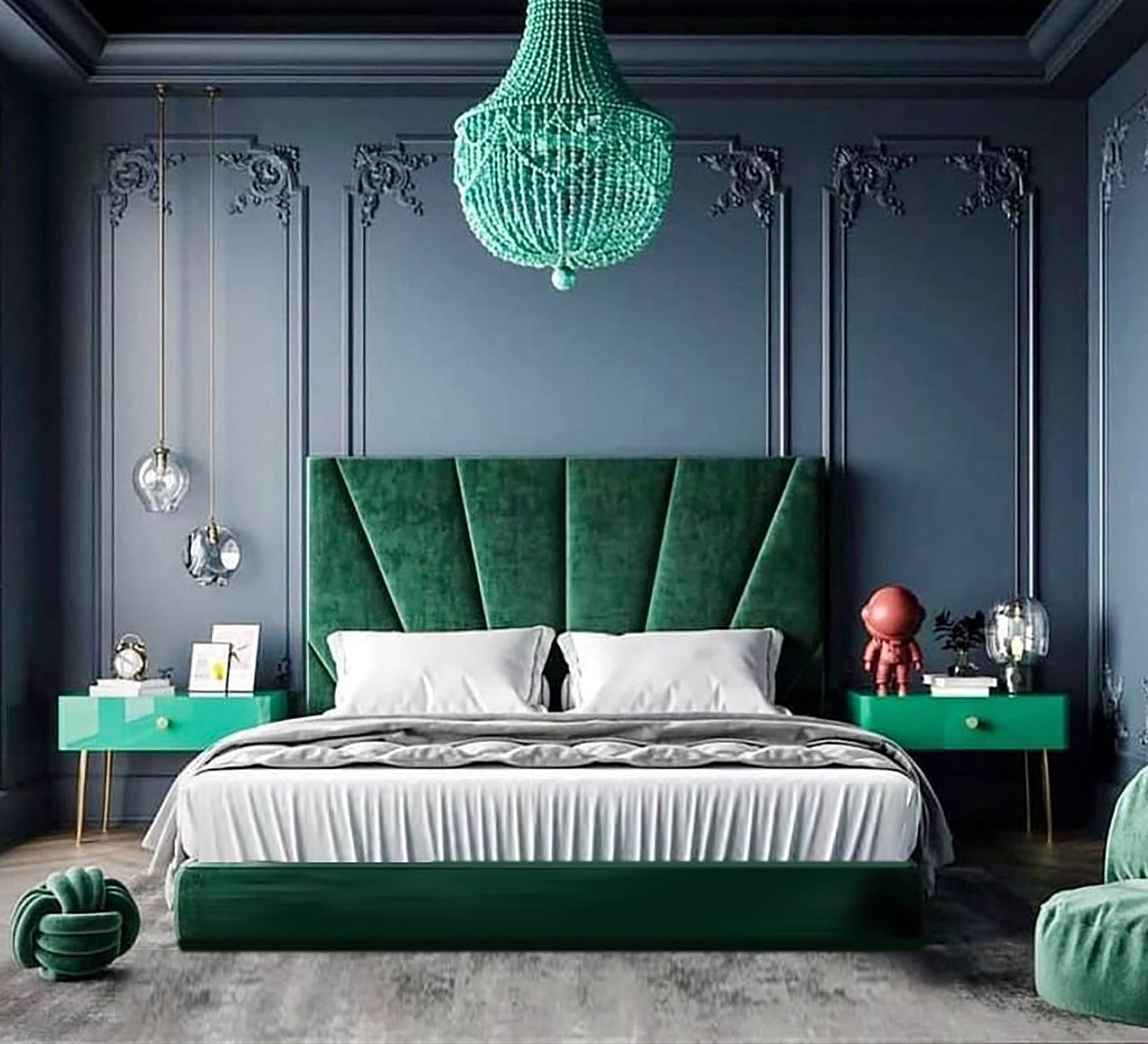 Green velvet bed with geometric headboard and outstanding luxury - Vitrine Furniture - Furniture
