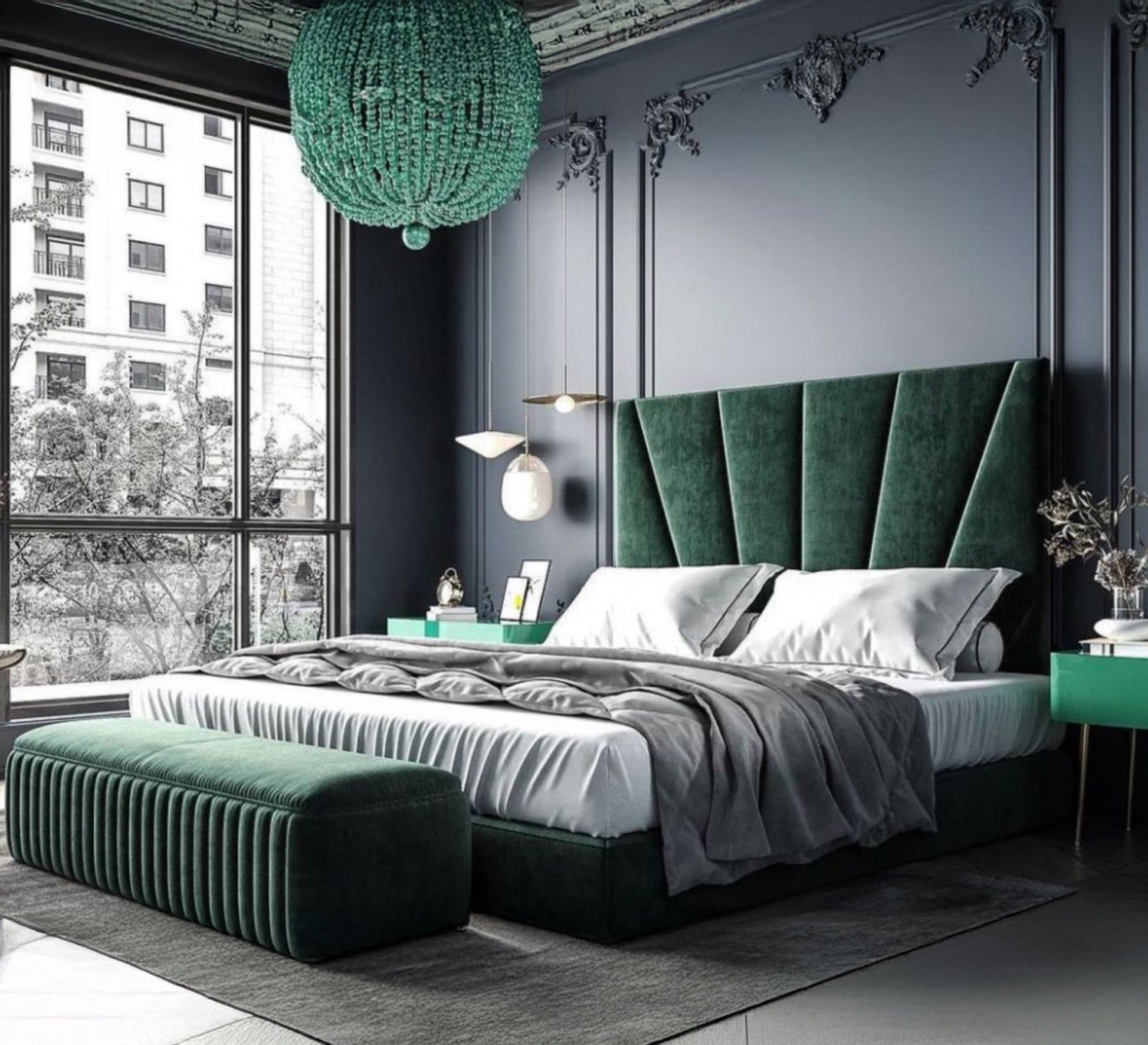 Green velvet bed with geometric headboard and outstanding luxury - Vitrine Furniture - Furniture