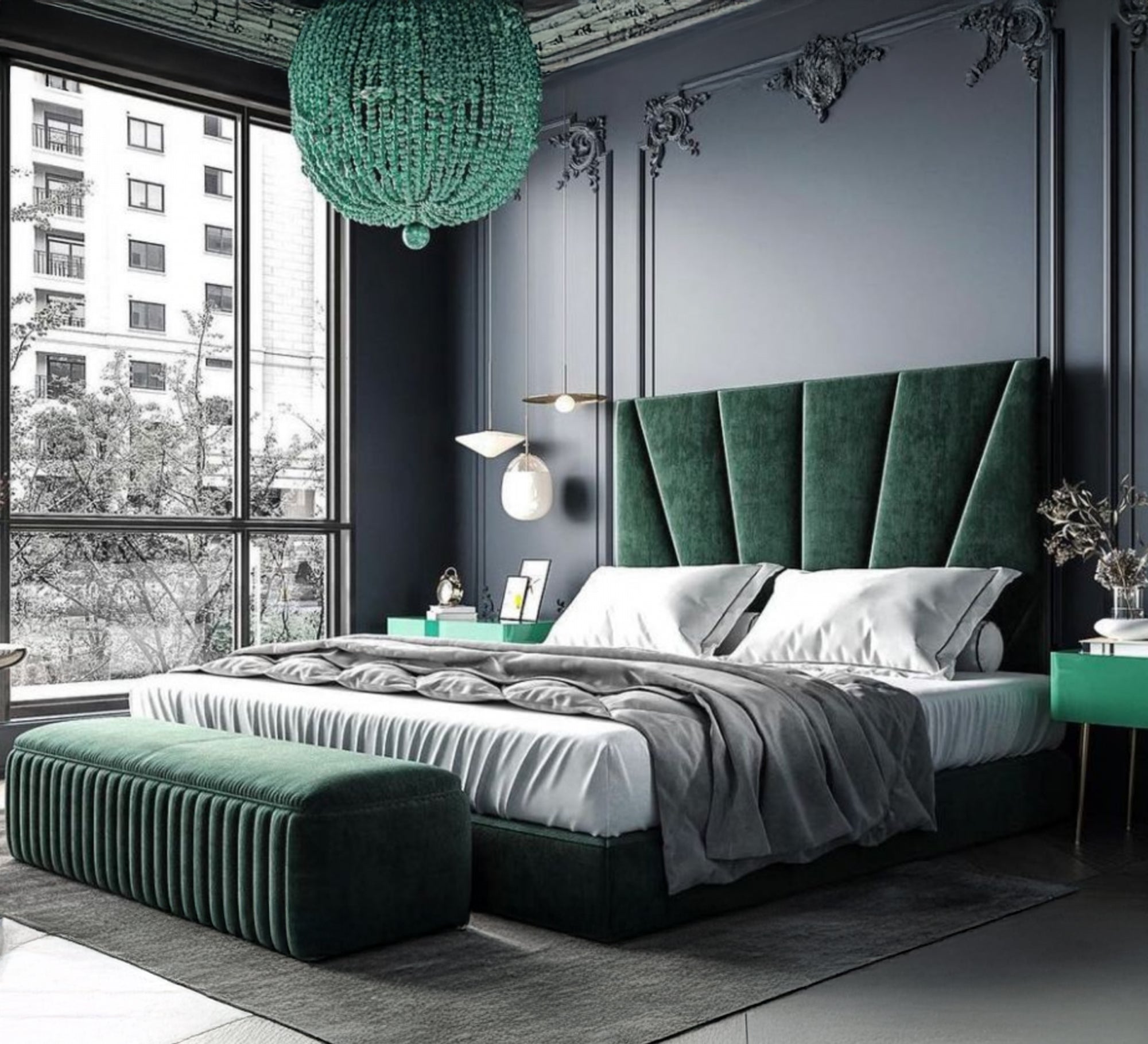 Green velvet bed with geometric headboard and outstanding luxury - Vitrine Furniture - Furniture