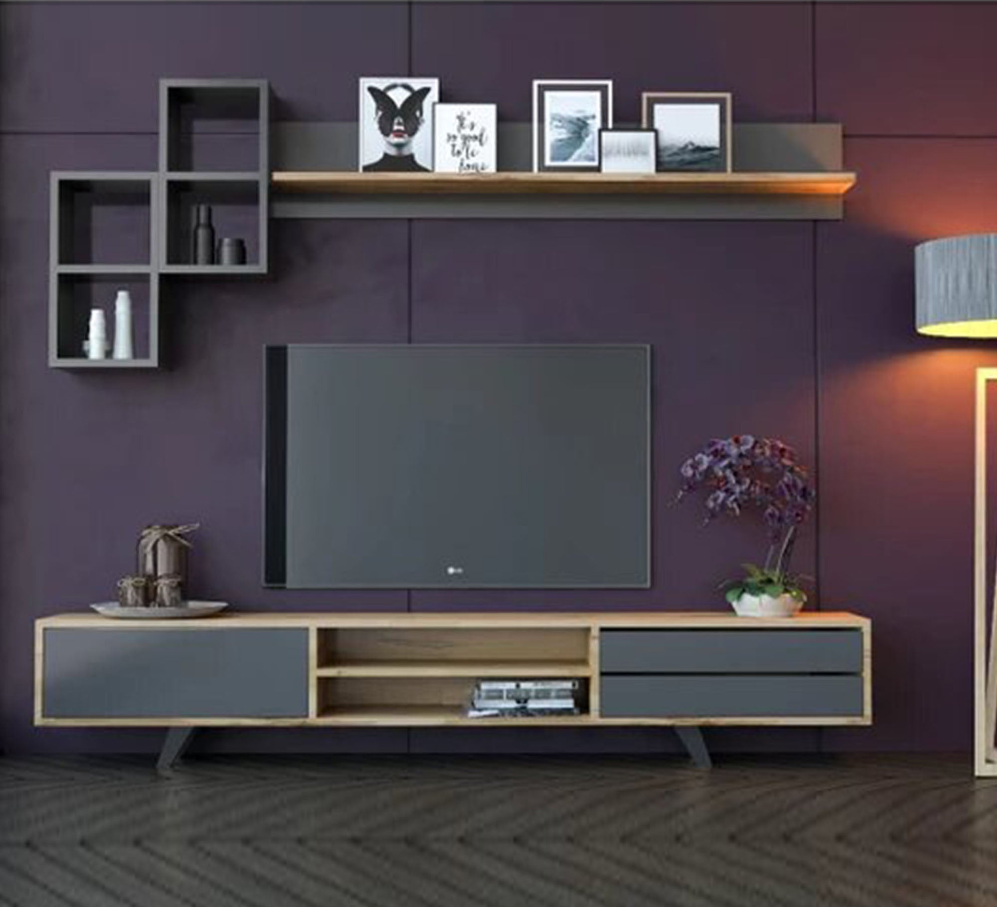 Grey and Beige TV Table with Upper Shelves - Vitrine Furniture - Furniture