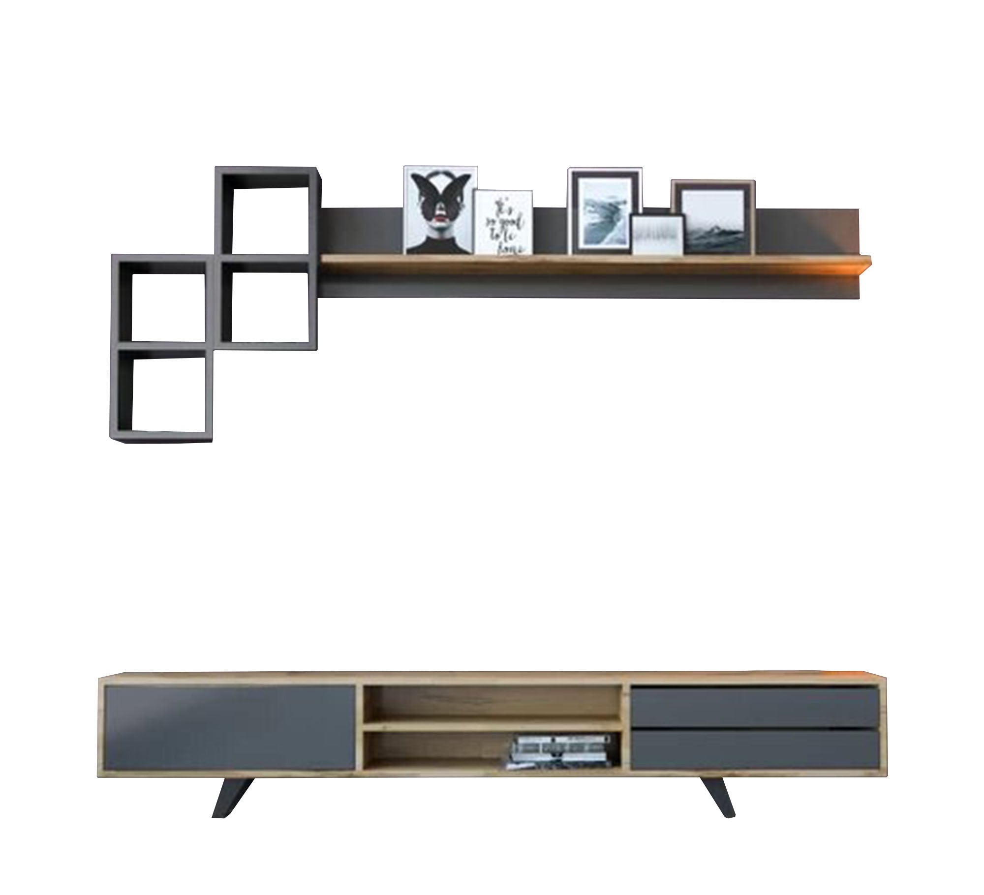 Grey and Beige TV Table with Upper Shelves - Vitrine Furniture - Furniture