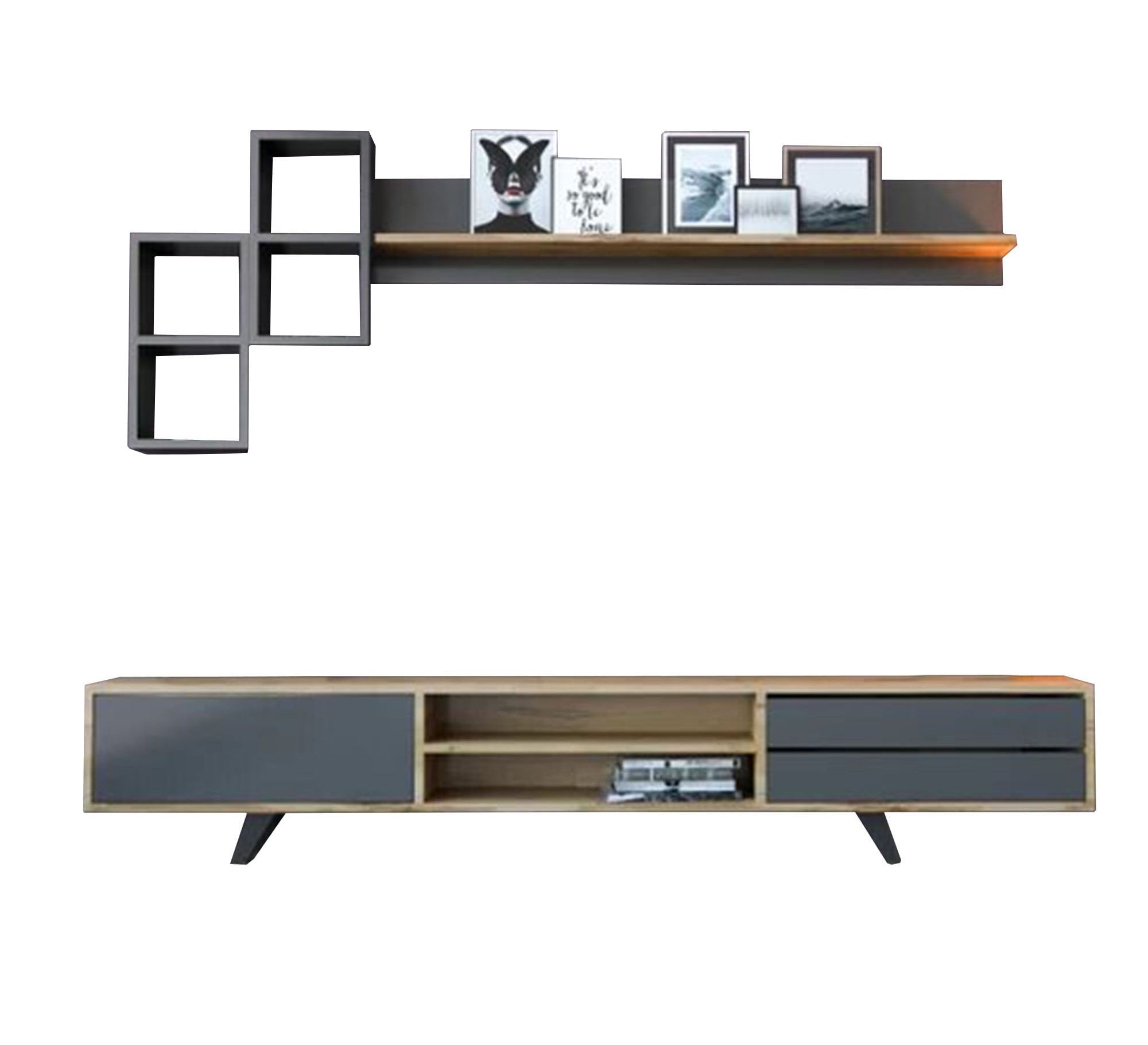 Grey and Beige TV Table with Upper Shelves - Vitrine Furniture - Furniture