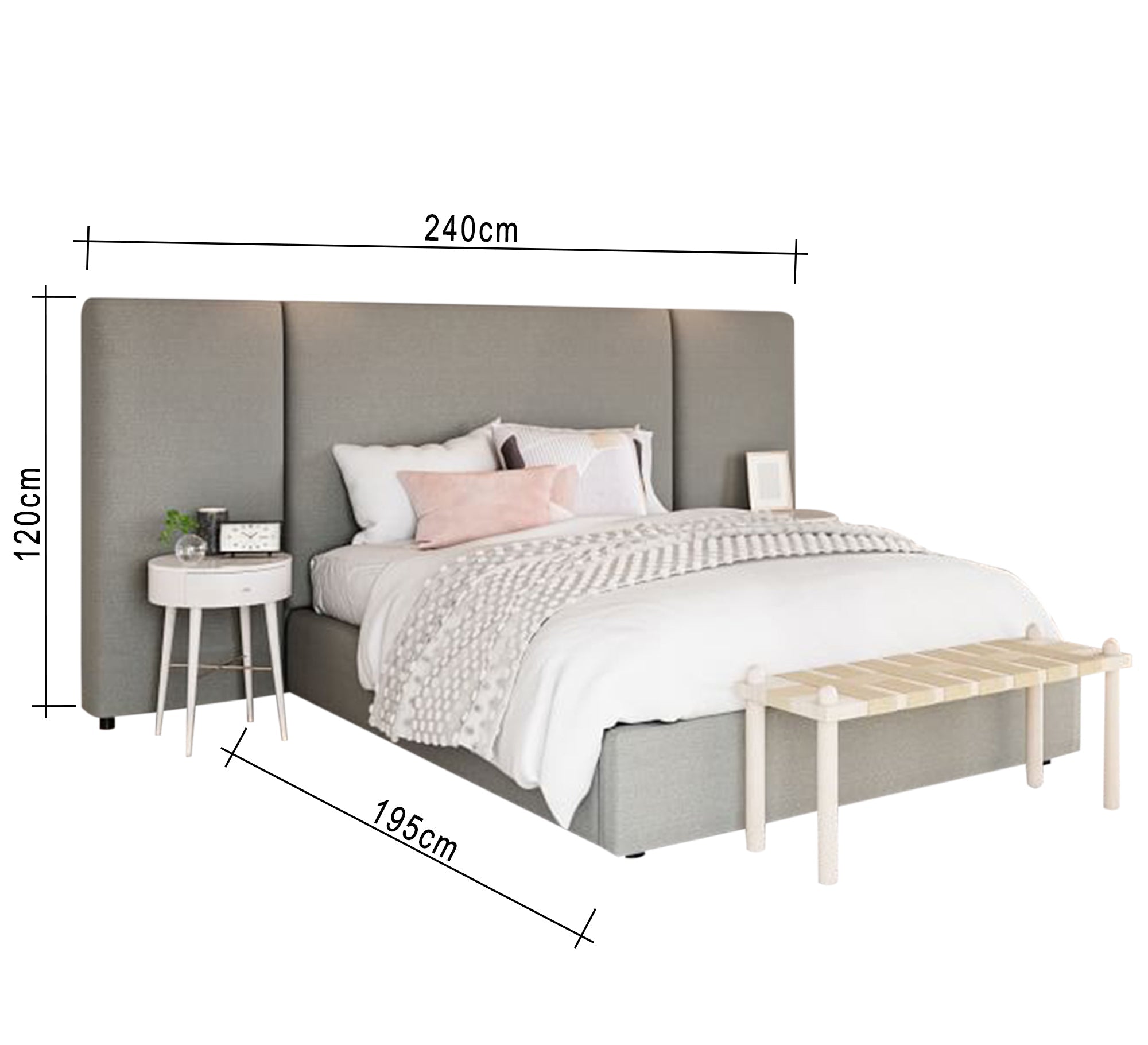 Grey bed with a fully upholstered high headboard - Vitrine Furniture - Furniture