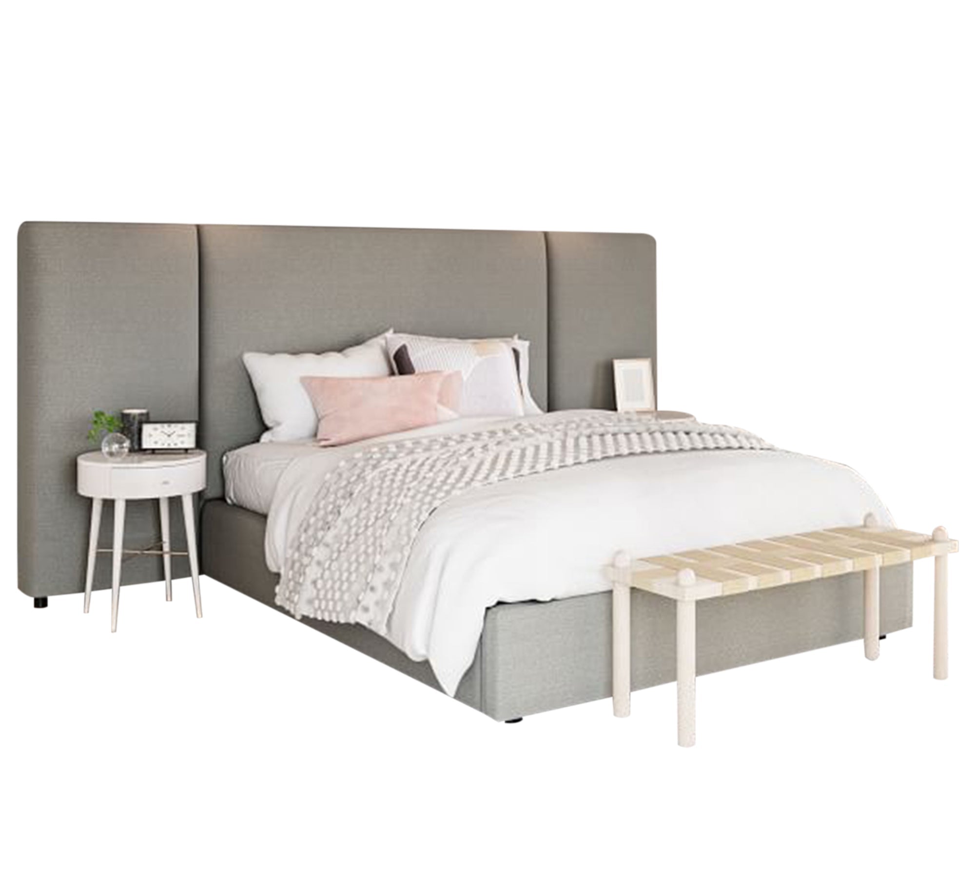 Grey bed with a fully upholstered high headboard - Vitrine Furniture - Furniture