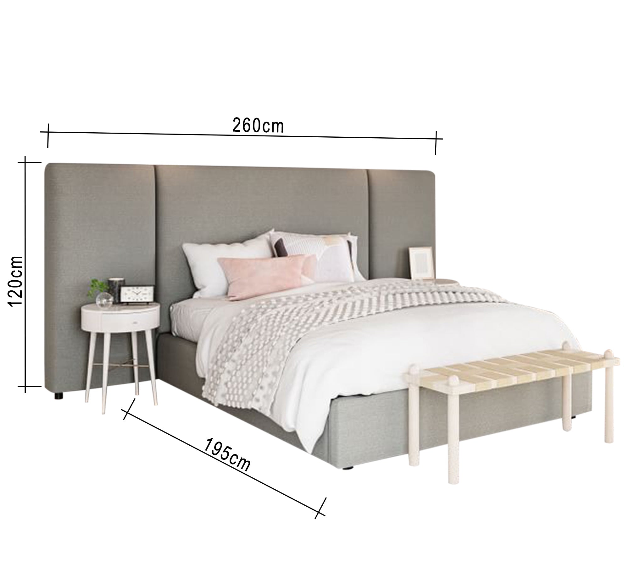 Grey bed with a fully upholstered high headboard - Vitrine Furniture - Furniture