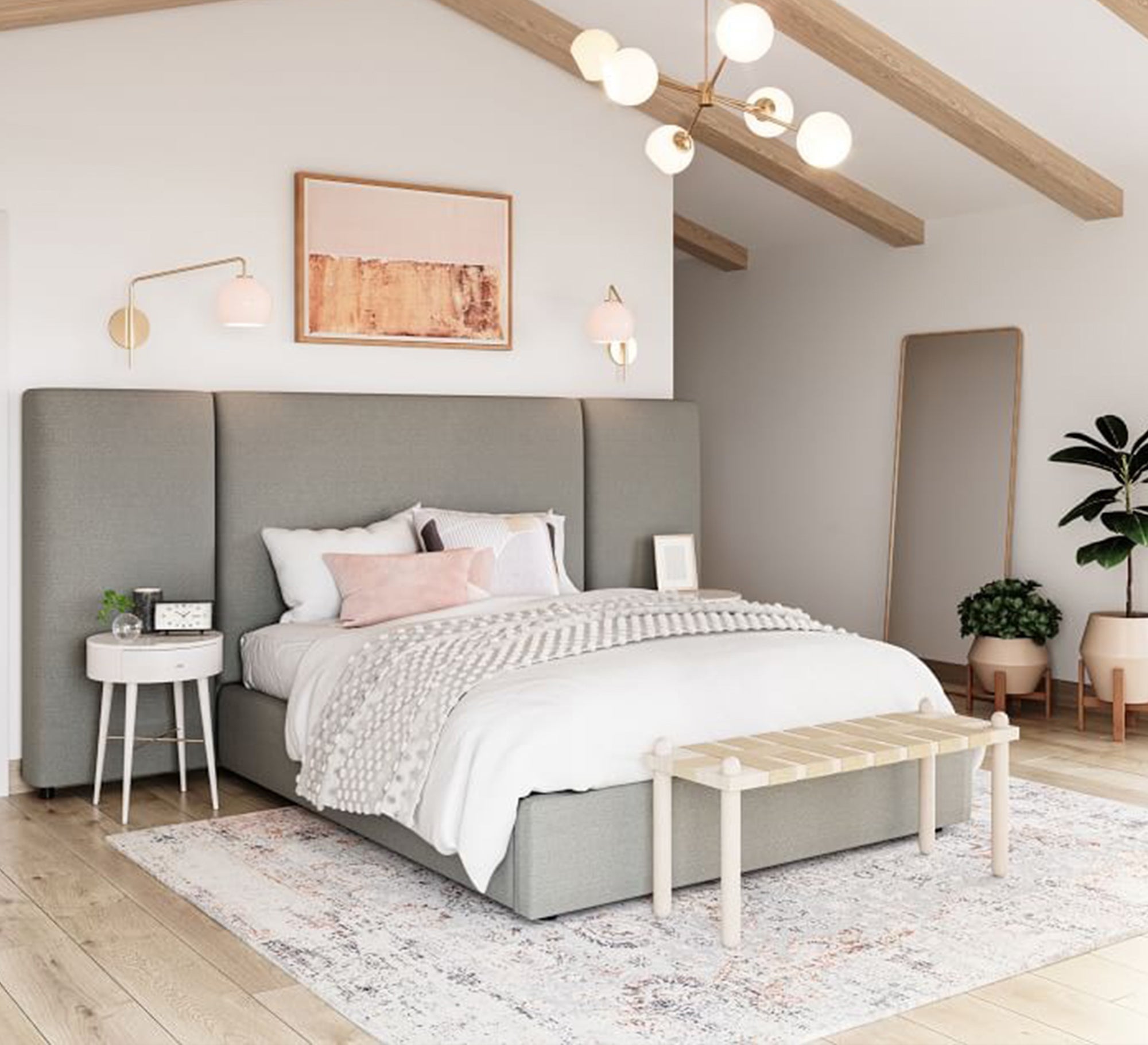 Grey bed with a fully upholstered high headboard - Vitrine Furniture - Furniture