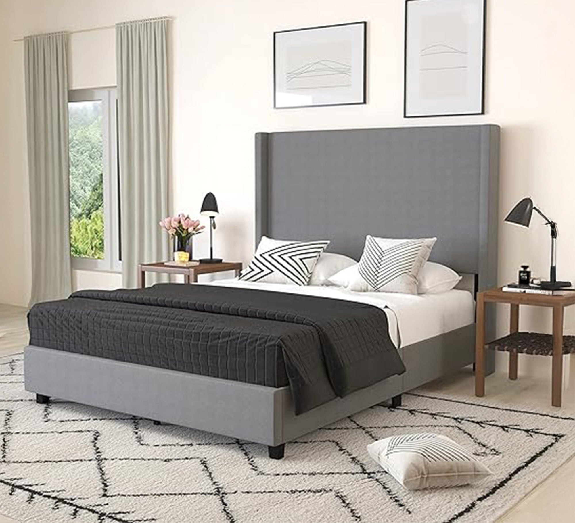 Grey bed with plain velvet back - Vitrine Furniture - Furniture