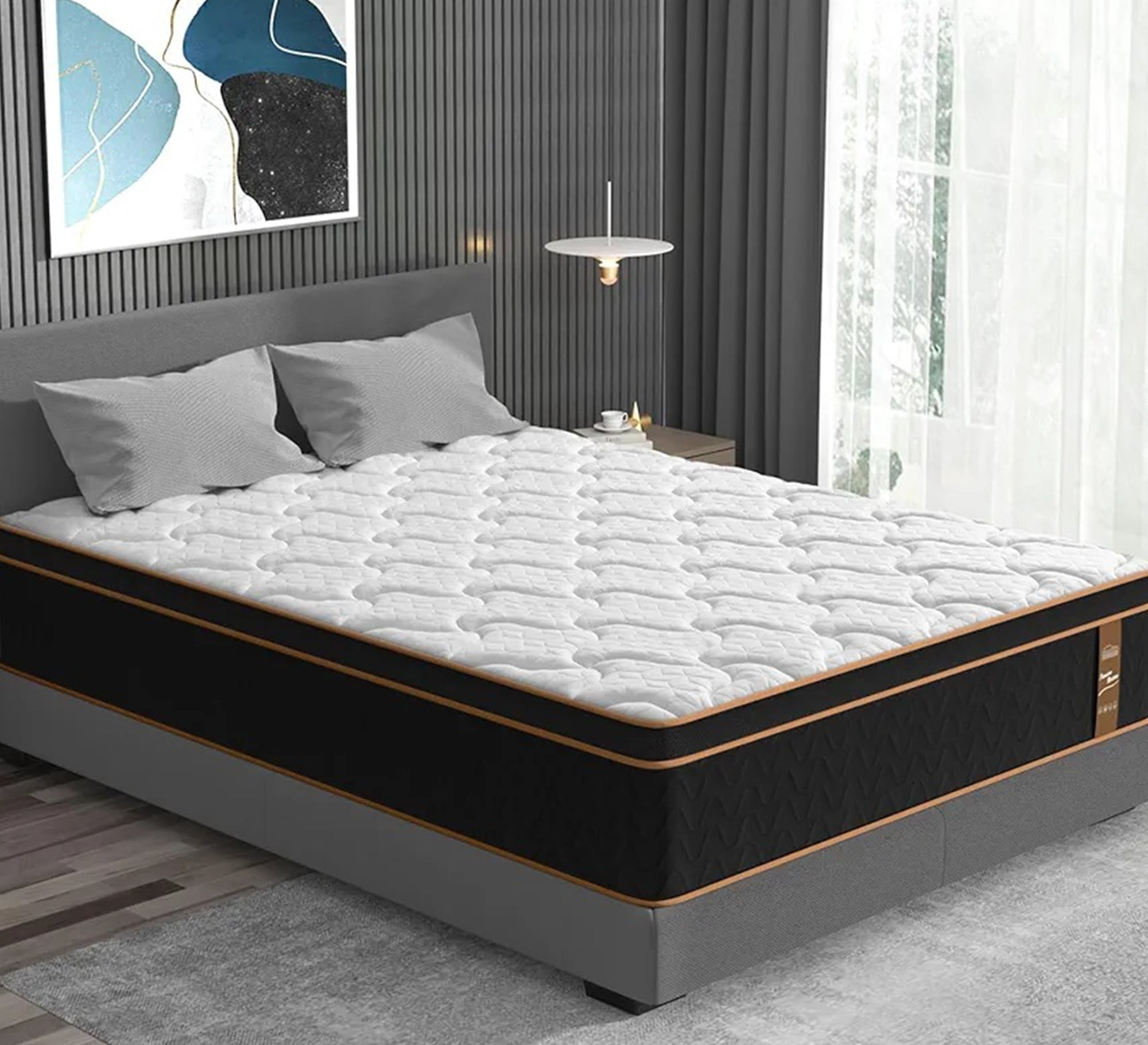 Grey bed with short square legs and a high headboard - Vitrine Furniture - Furniture