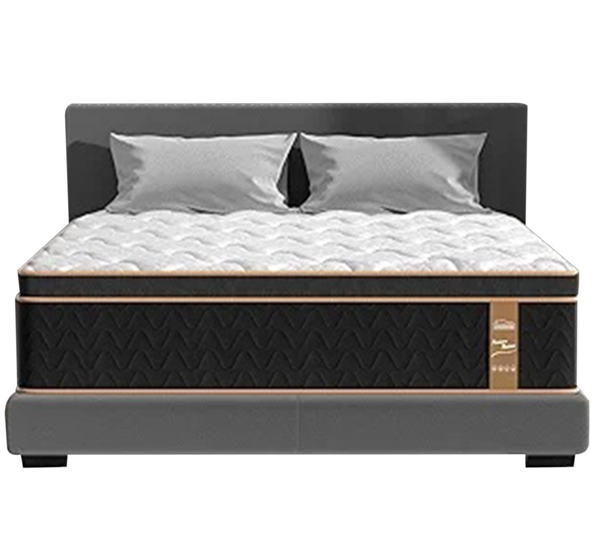 Grey bed with short square legs and a high headboard - Vitrine Furniture - Furniture