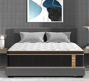 Grey bed with short square legs and a high headboard - Vitrine Furniture - Furniture